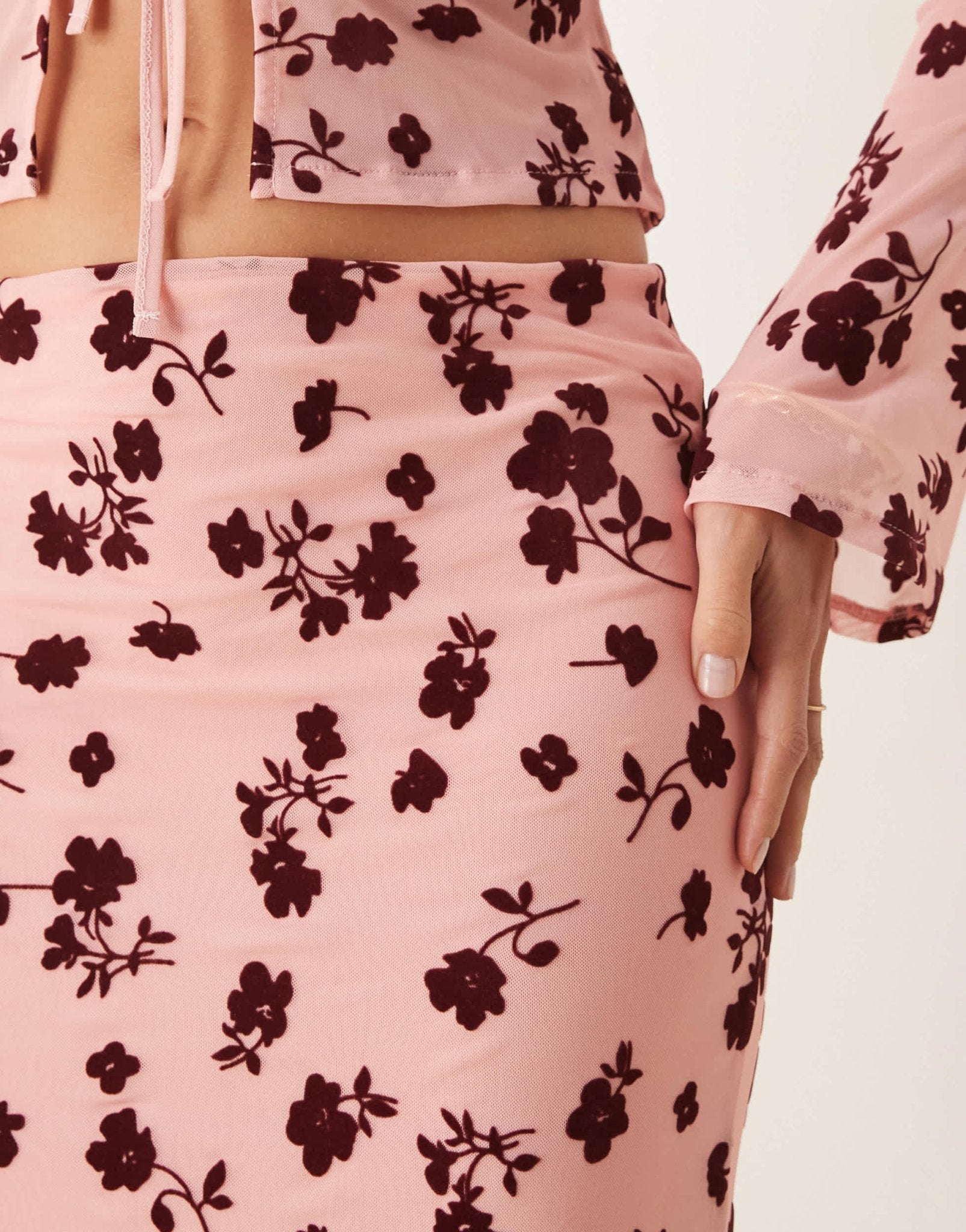 ASOS DESIGN maxi low rise floral flocked sheer skirt co ord in pink - ASOS Sample Sale