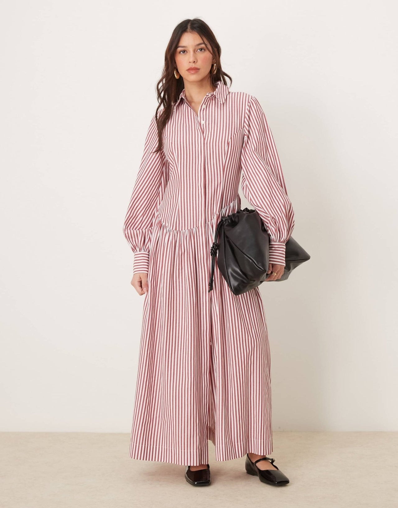ASOS DESIGN maxi shirt dress with asymmetric button detail in burgundy stripe - ASOS Sample Sale