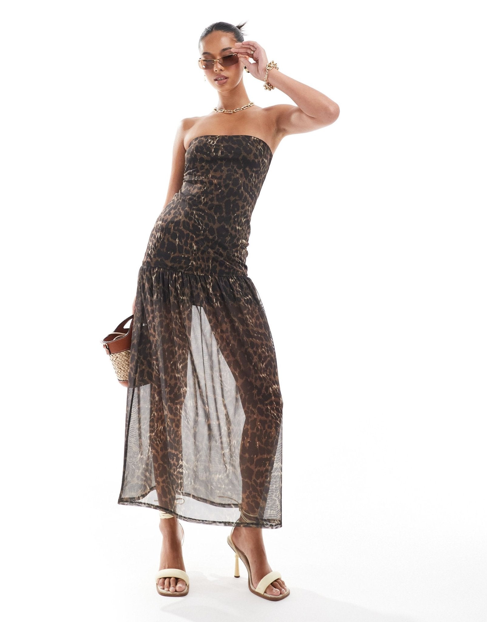 ASOS DESIGN mesh bandeau drop waist midaxi dress in leopard print - ASOS Sample Sale