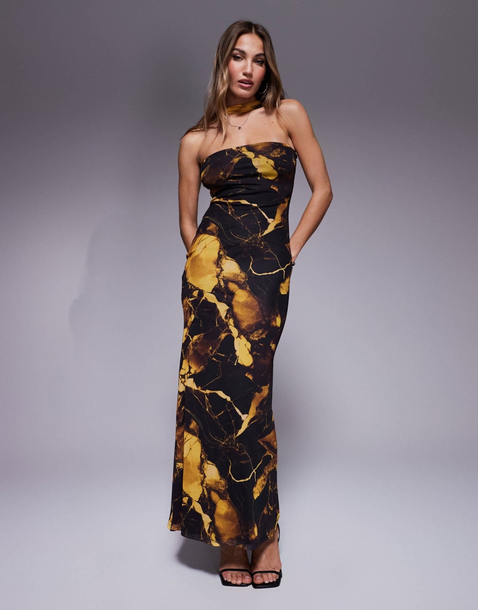 ASOS DESIGN mesh bandeau maxi dress with neck tie detail in yellow marble print - ASOS Sample Sale