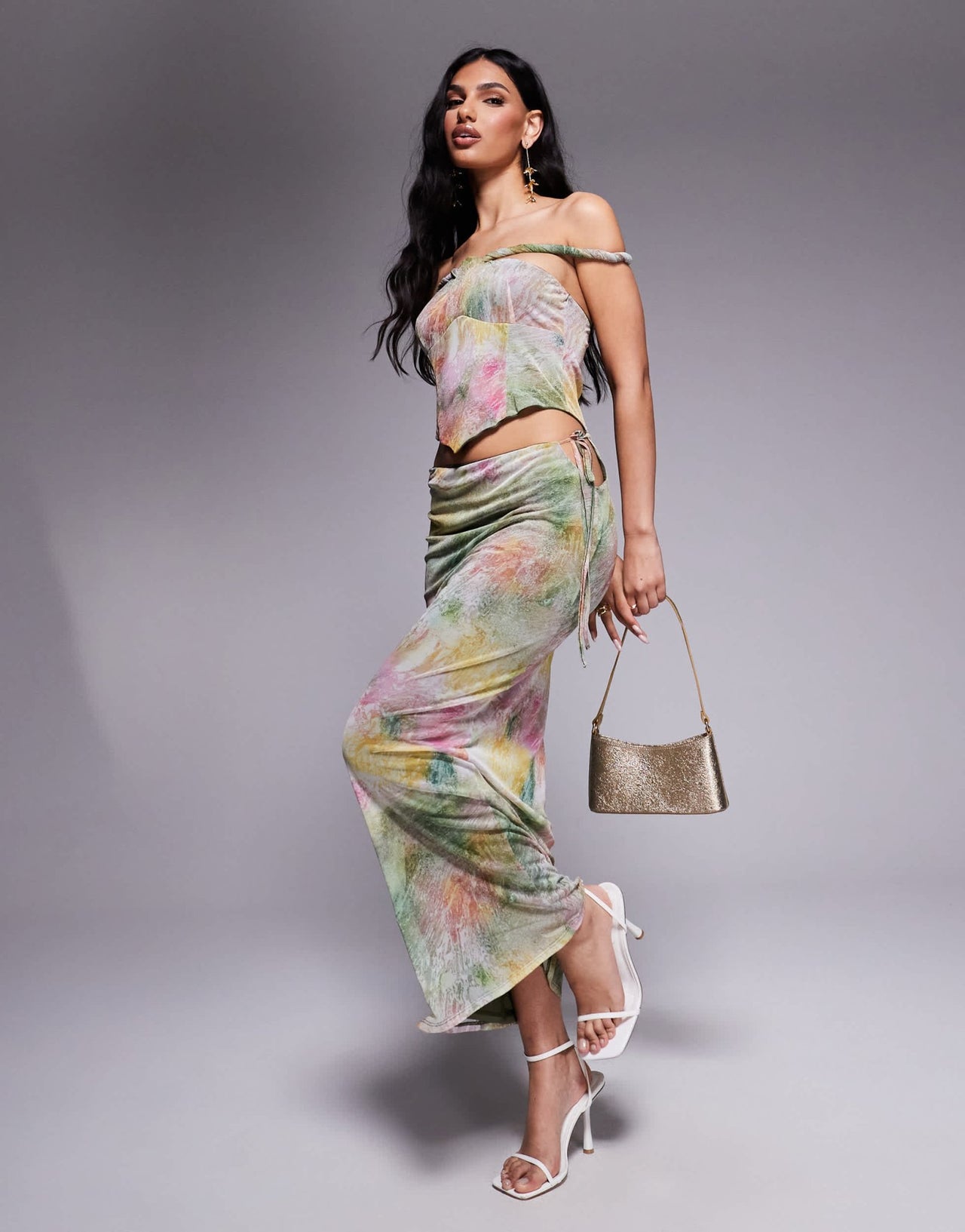 ASOS DESIGN mesh bardot faux - ord with twisted straps maxi dress in blurred pastel floral print - ASOS Sample Sale