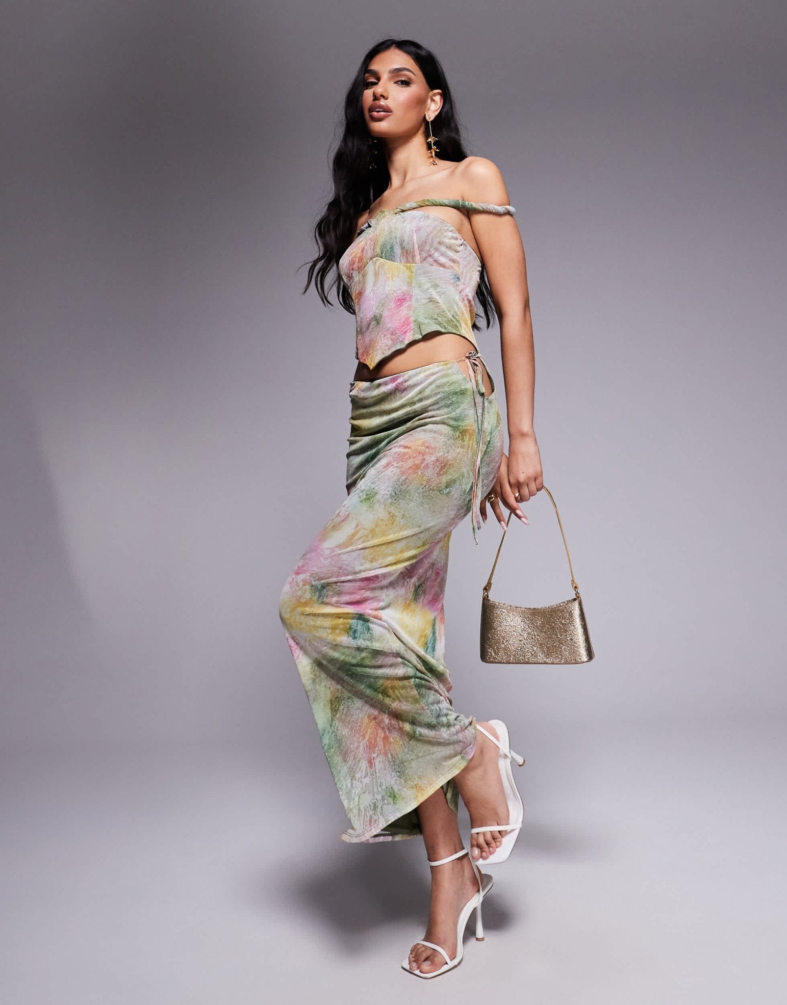 ASOS DESIGN mesh bardot faux - ord with twisted straps maxi dress in blurred pastel floral print - ASOS Sample Sale