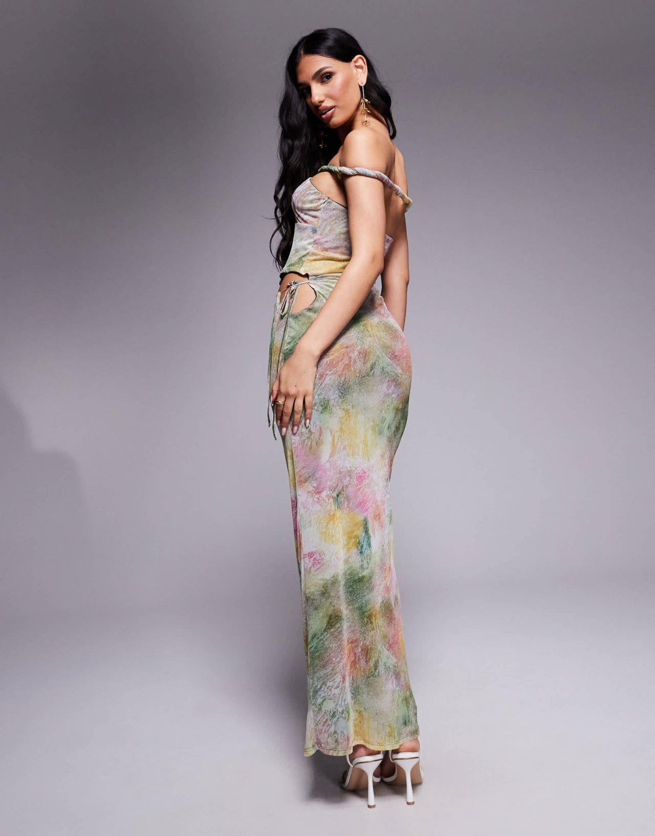 ASOS DESIGN mesh bardot faux - ord with twisted straps maxi dress in blurred pastel floral print - ASOS Sample Sale