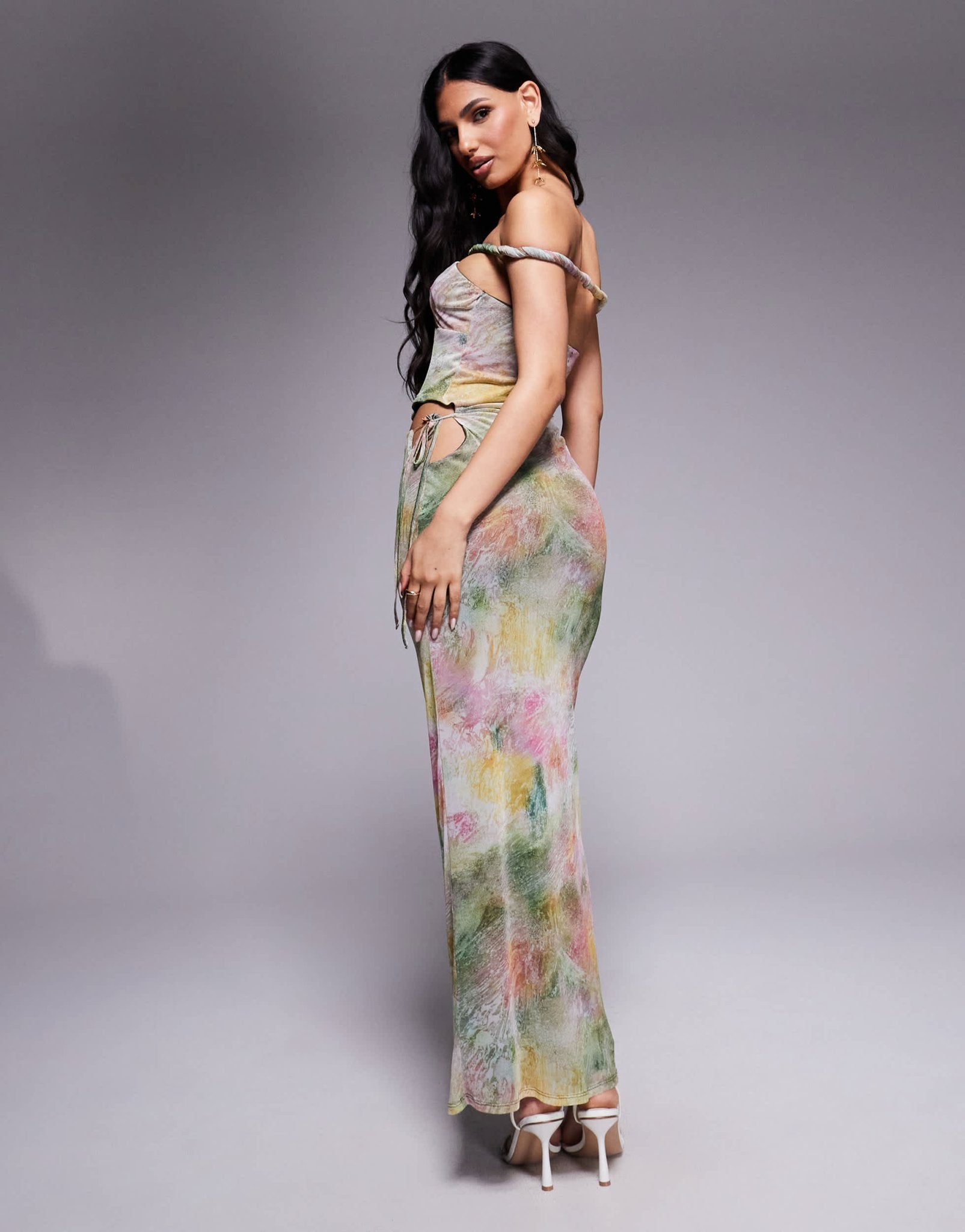 ASOS DESIGN mesh bardot faux - ord with twisted straps maxi dress in blurred pastel floral print - ASOS Sample Sale
