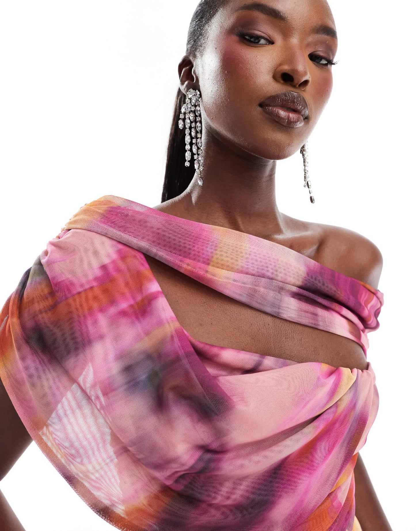 ASOS DESIGN mesh bardot ruched midi dress in blurred pink print - ASOS Sample Sale