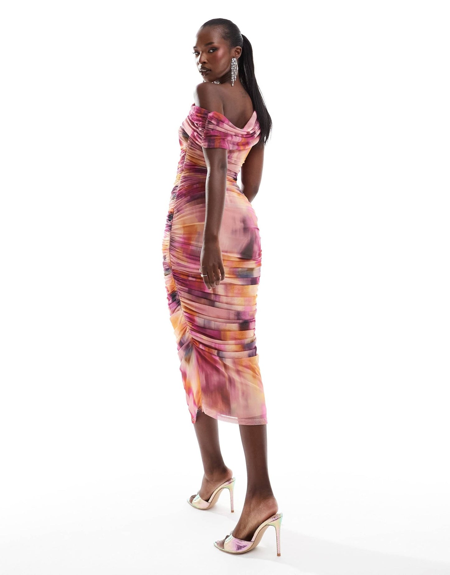 ASOS DESIGN mesh bardot ruched midi dress in blurred pink print - ASOS Sample Sale