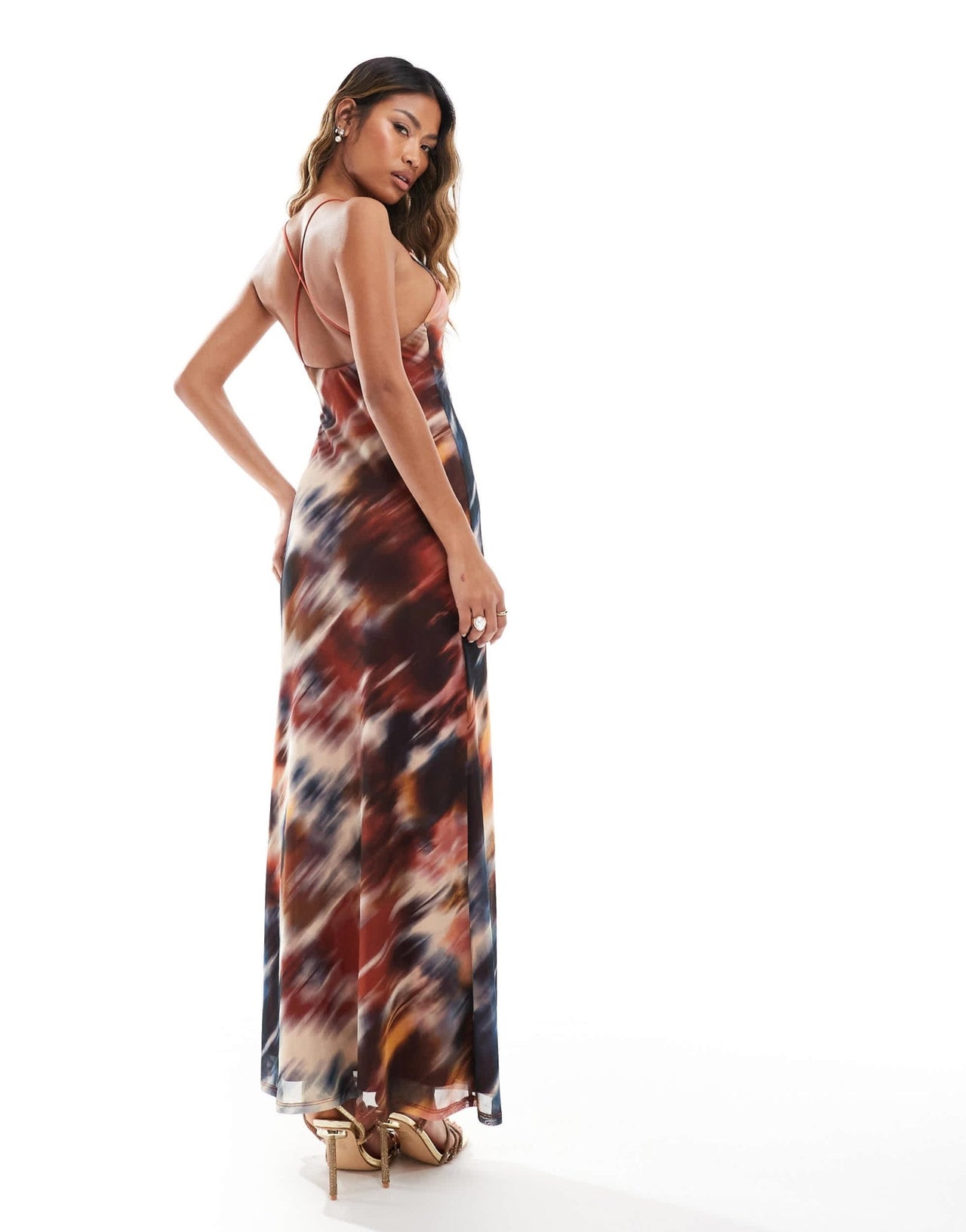 ASOS DESIGN mesh cami maxi dress with cross back in blurred orange print - ASOS Sample Sale