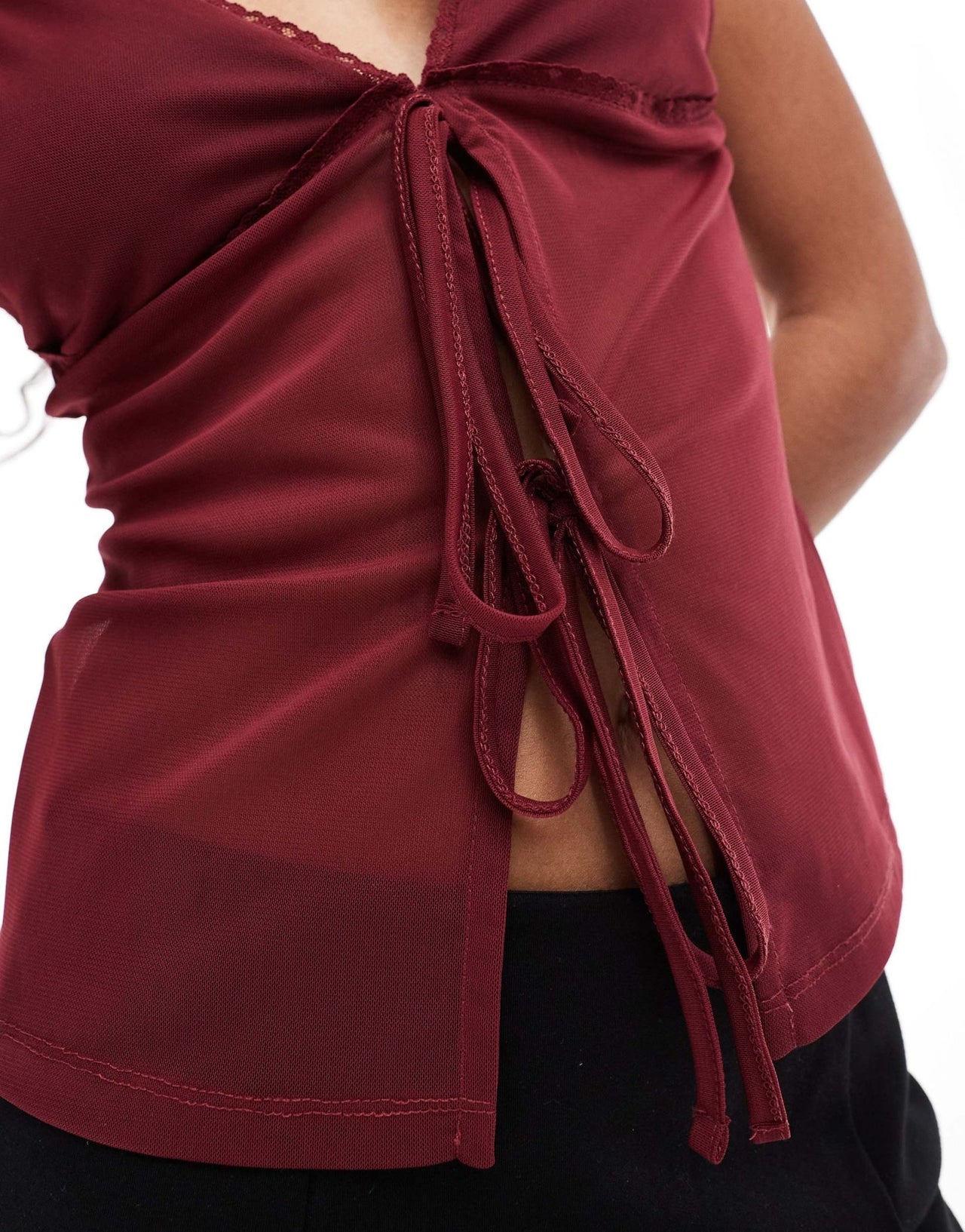 ASOS DESIGN mesh cami top with lace detail in burgundy - ASOS Sample Sale