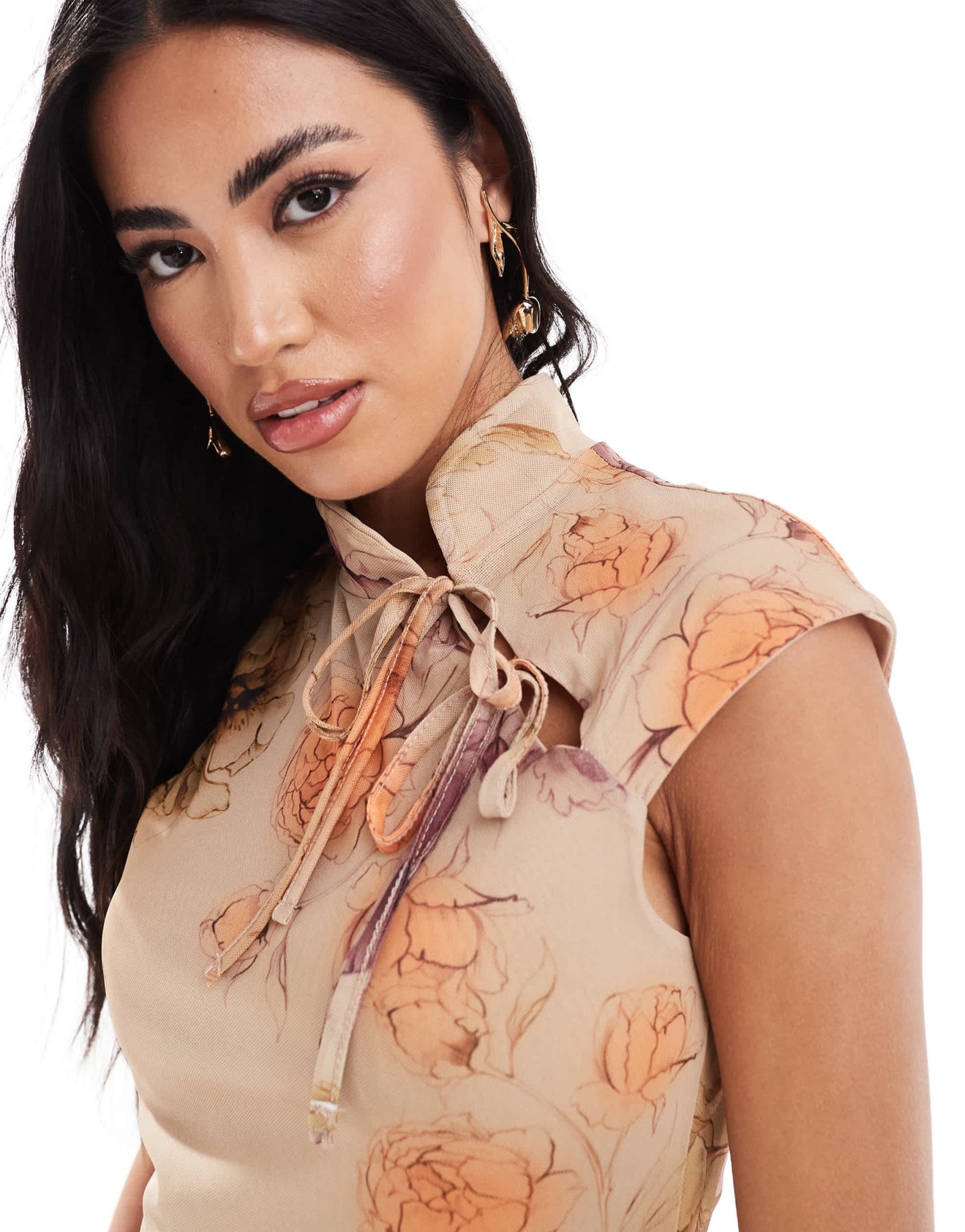 ASOS DESIGN mesh cap sleeve tie neck detail maxi dress in vintage floral print - ASOS Sample Sale