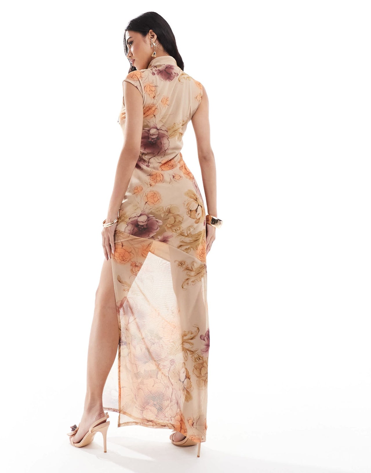 ASOS DESIGN mesh cap sleeve tie neck detail maxi dress in vintage floral print - ASOS Sample Sale