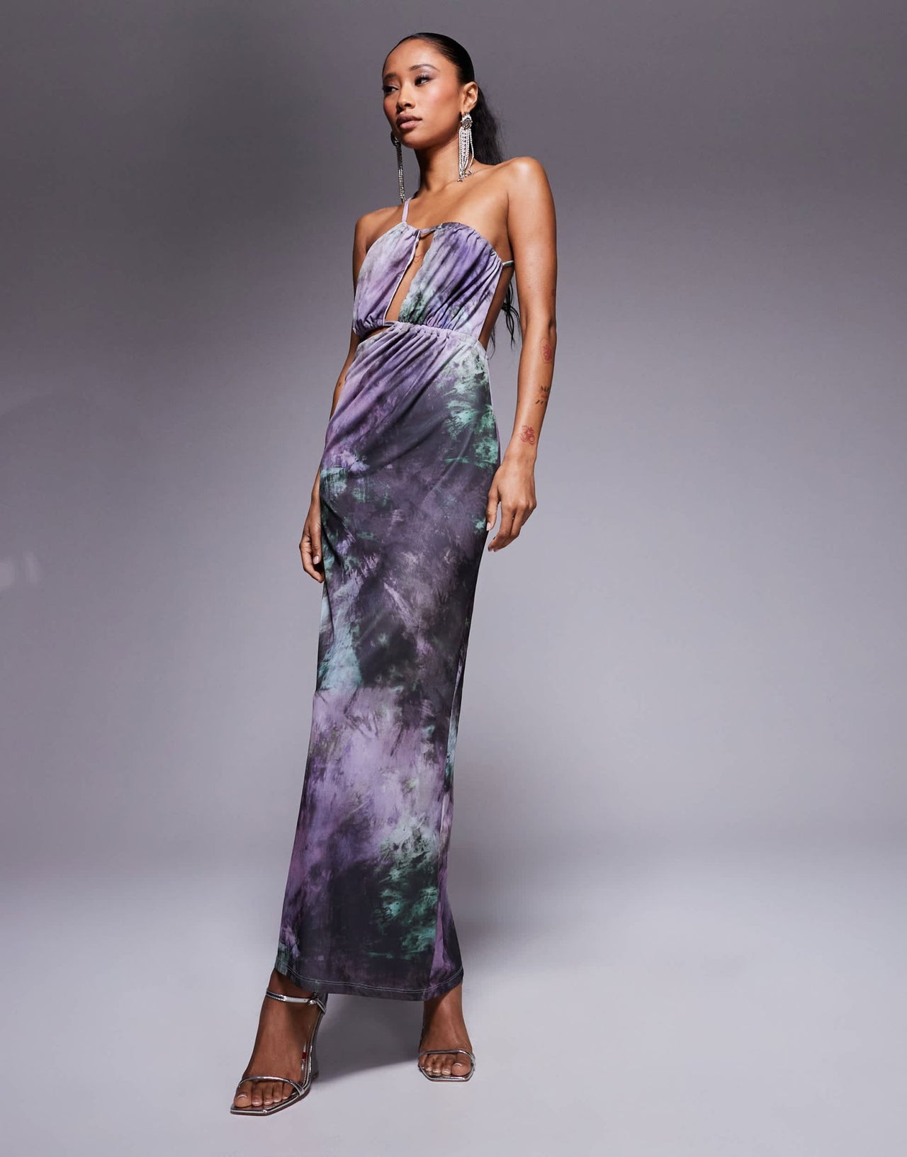 ASOS DESIGN mesh cut away detail maxi dress in abstract purple print - ASOS Sample Sale