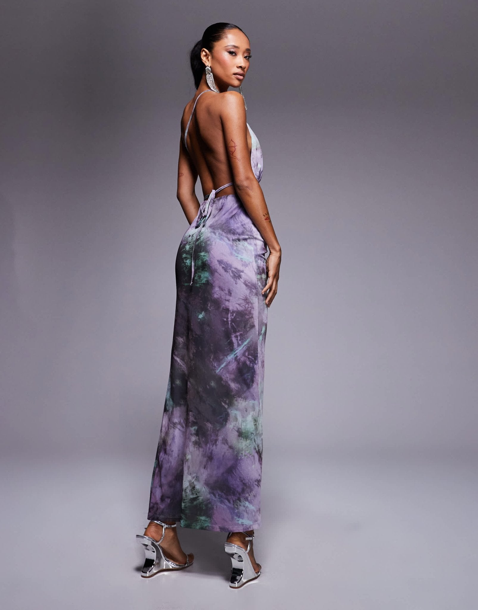 ASOS DESIGN mesh cut away detail maxi dress in abstract purple print - ASOS Sample Sale