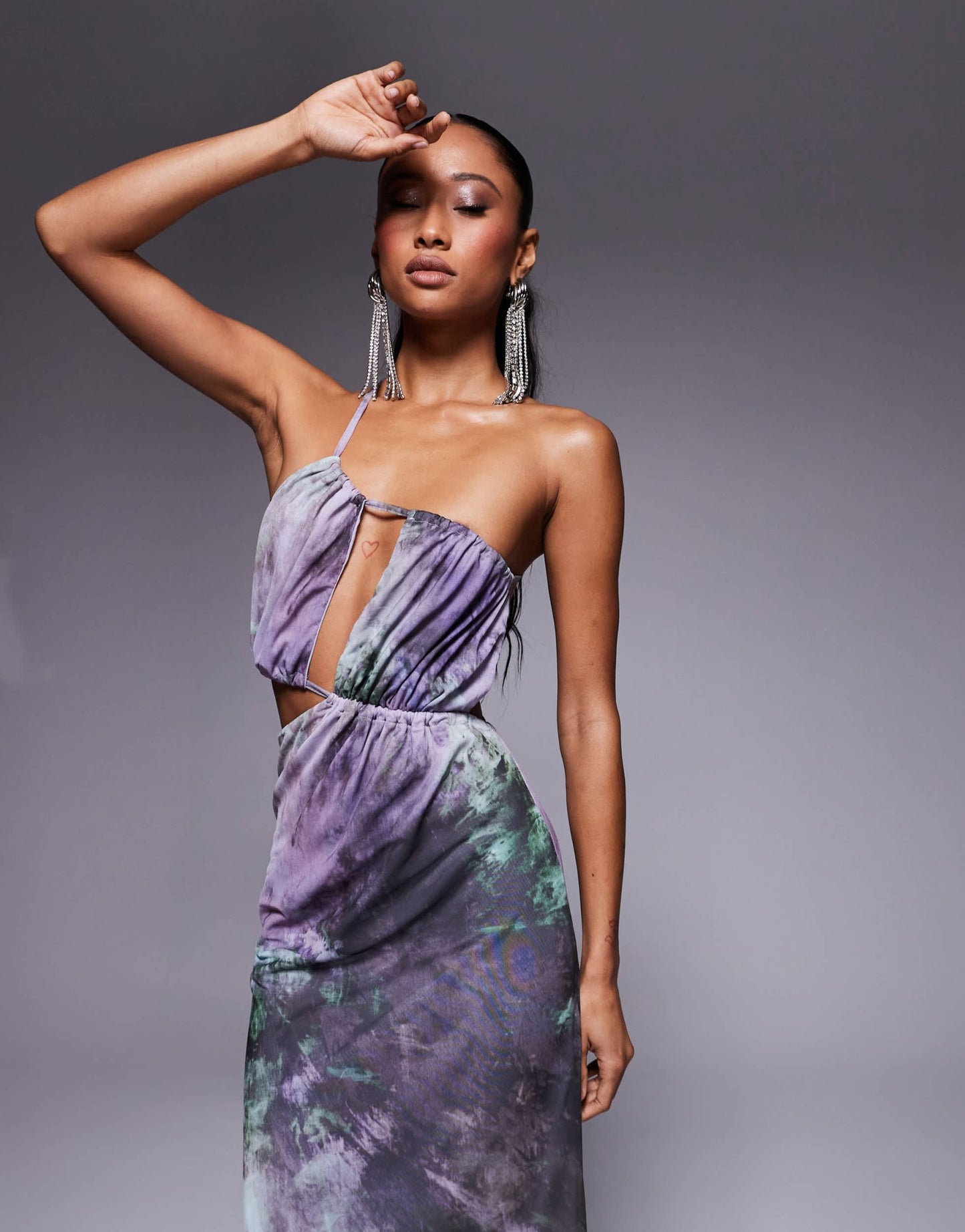 ASOS DESIGN mesh cut away detail maxi dress in abstract purple print - ASOS Sample Sale