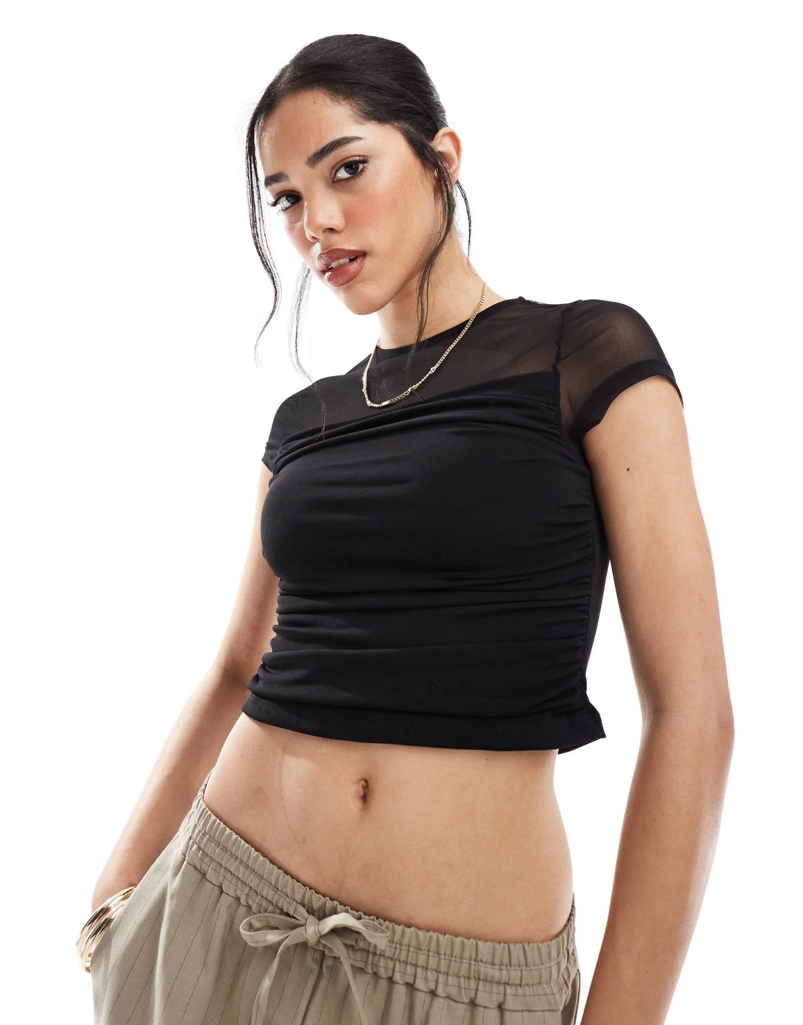 ASOS DESIGN mesh draped front short sleeve top in black - ASOS Sample Sale