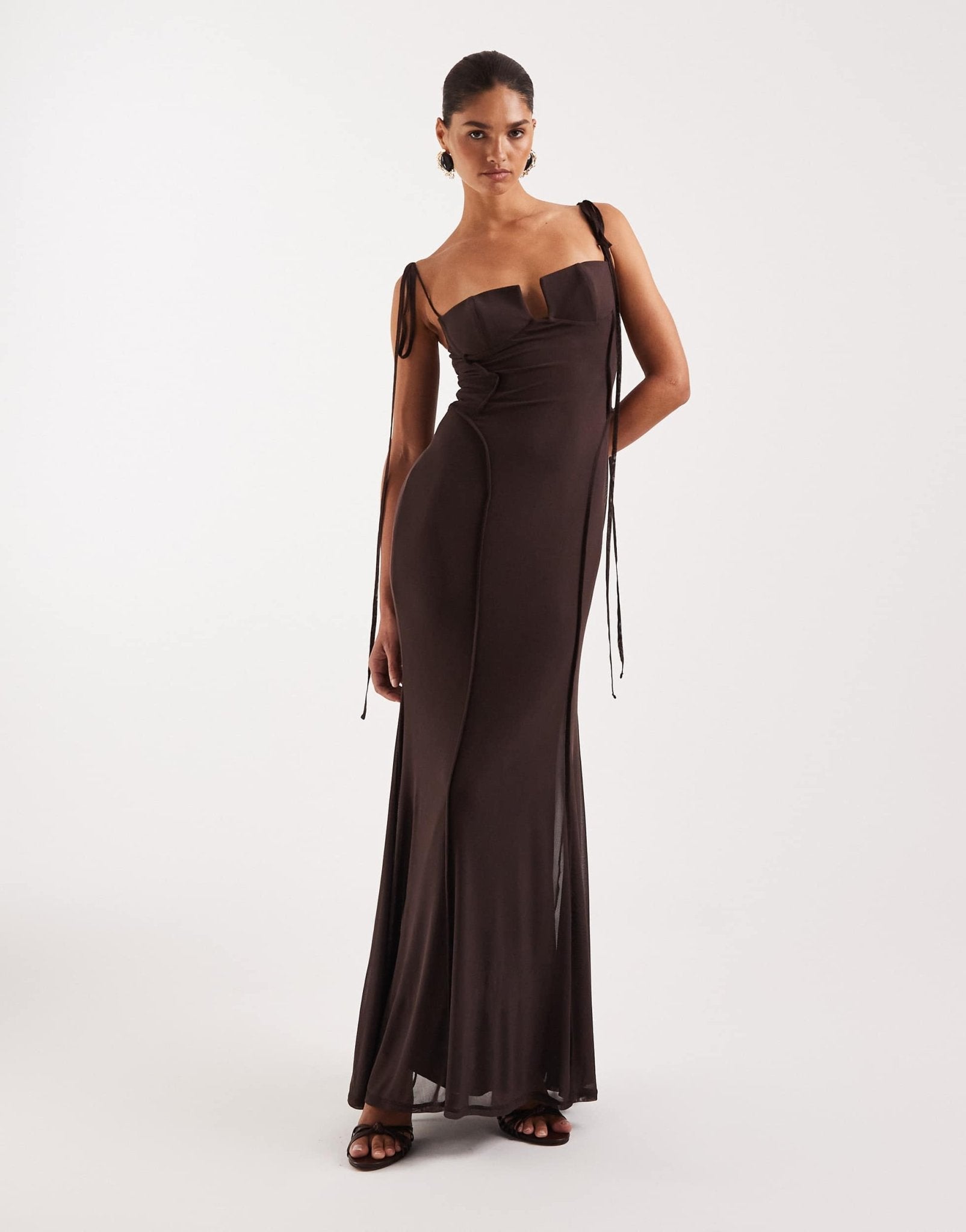 ASOS DESIGN mesh exposed seam sculpted cupped maxi dress in chocolate - ASOS Sample Sale
