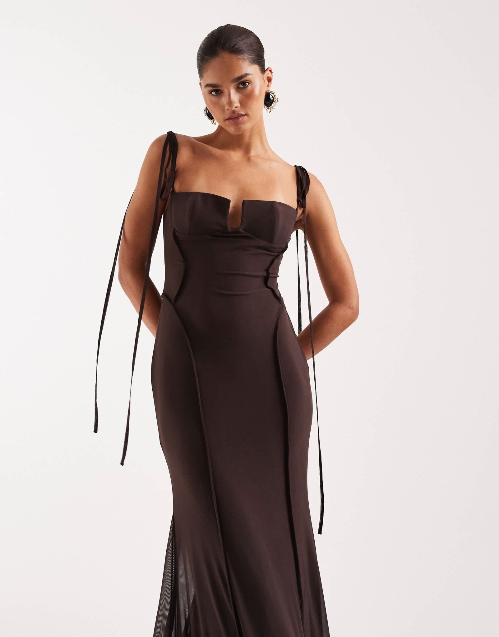 ASOS DESIGN mesh exposed seam sculpted cupped maxi dress in chocolate - ASOS Sample Sale