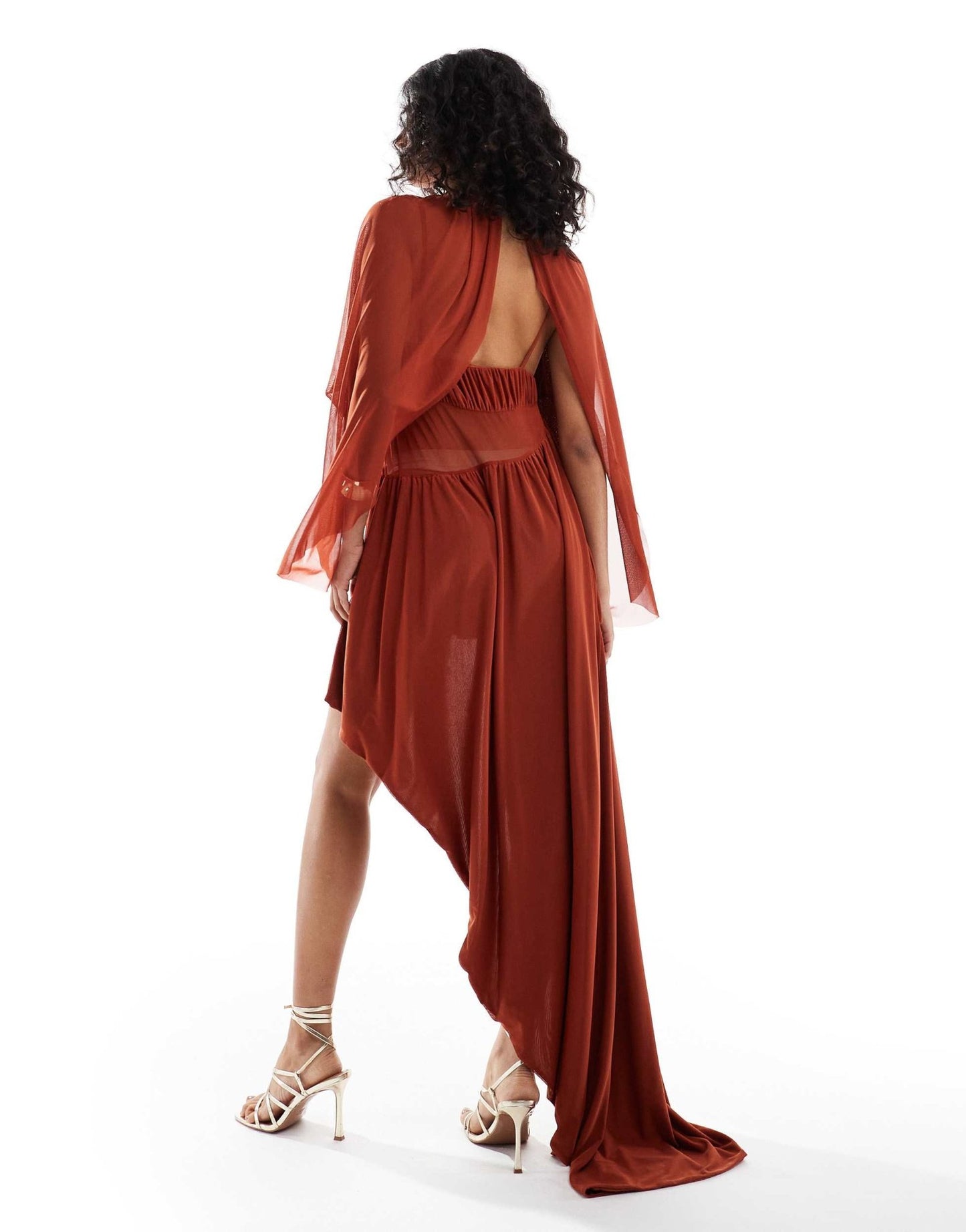 ASOS DESIGN mesh fabric mix mini dress with draped sleeves and asymmetric skirt in rust - ASOS Sample Sale