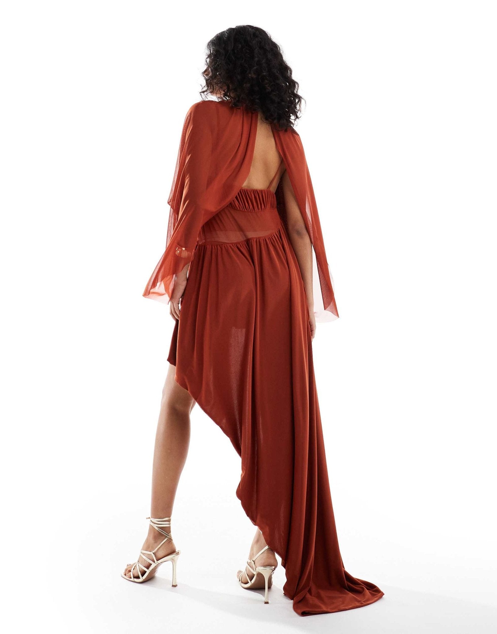 ASOS DESIGN mesh fabric mix mini dress with draped sleeves and asymmetric skirt in rust - ASOS Sample Sale
