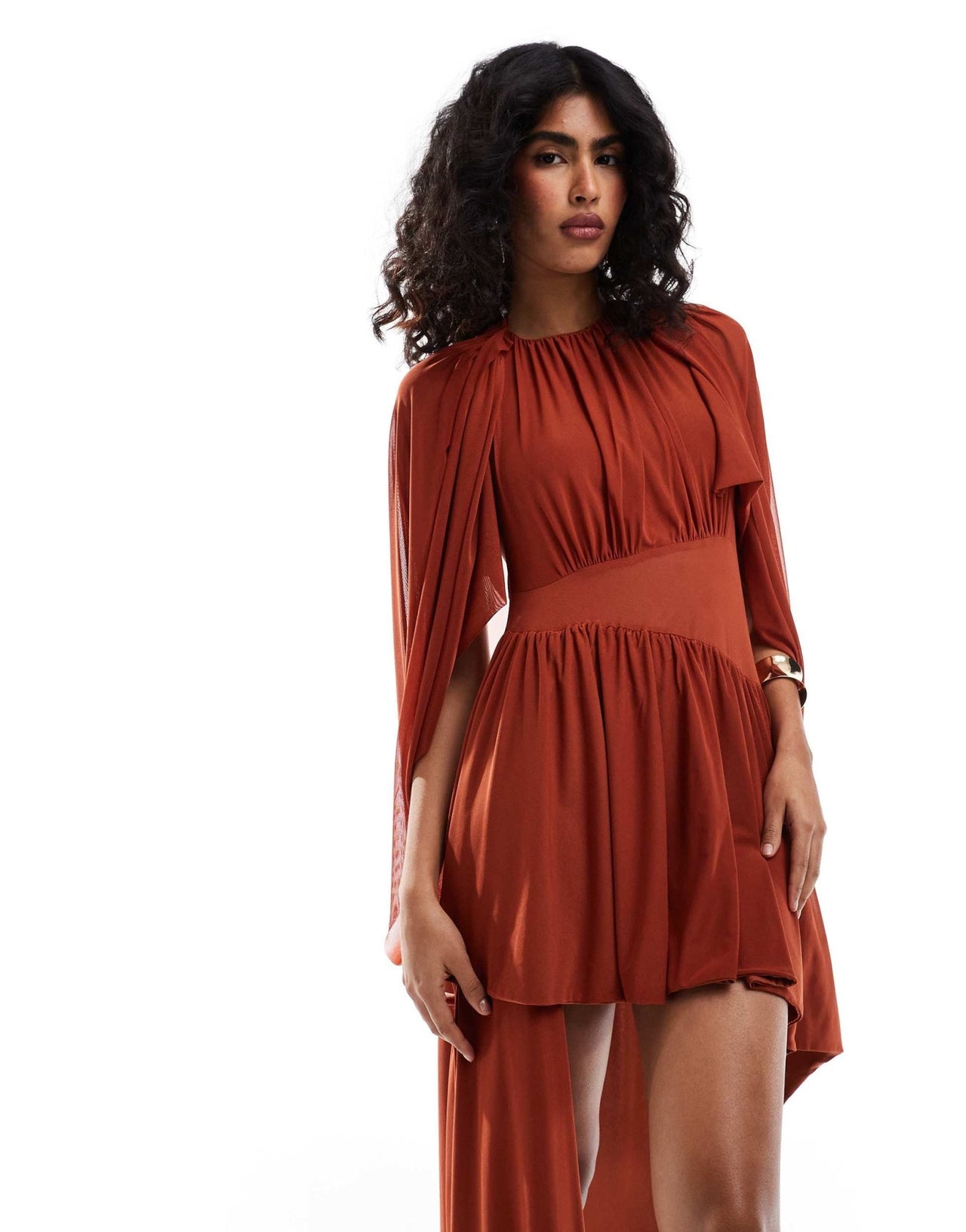 ASOS DESIGN mesh fabric mix mini dress with draped sleeves and asymmetric skirt in rust - ASOS Sample Sale