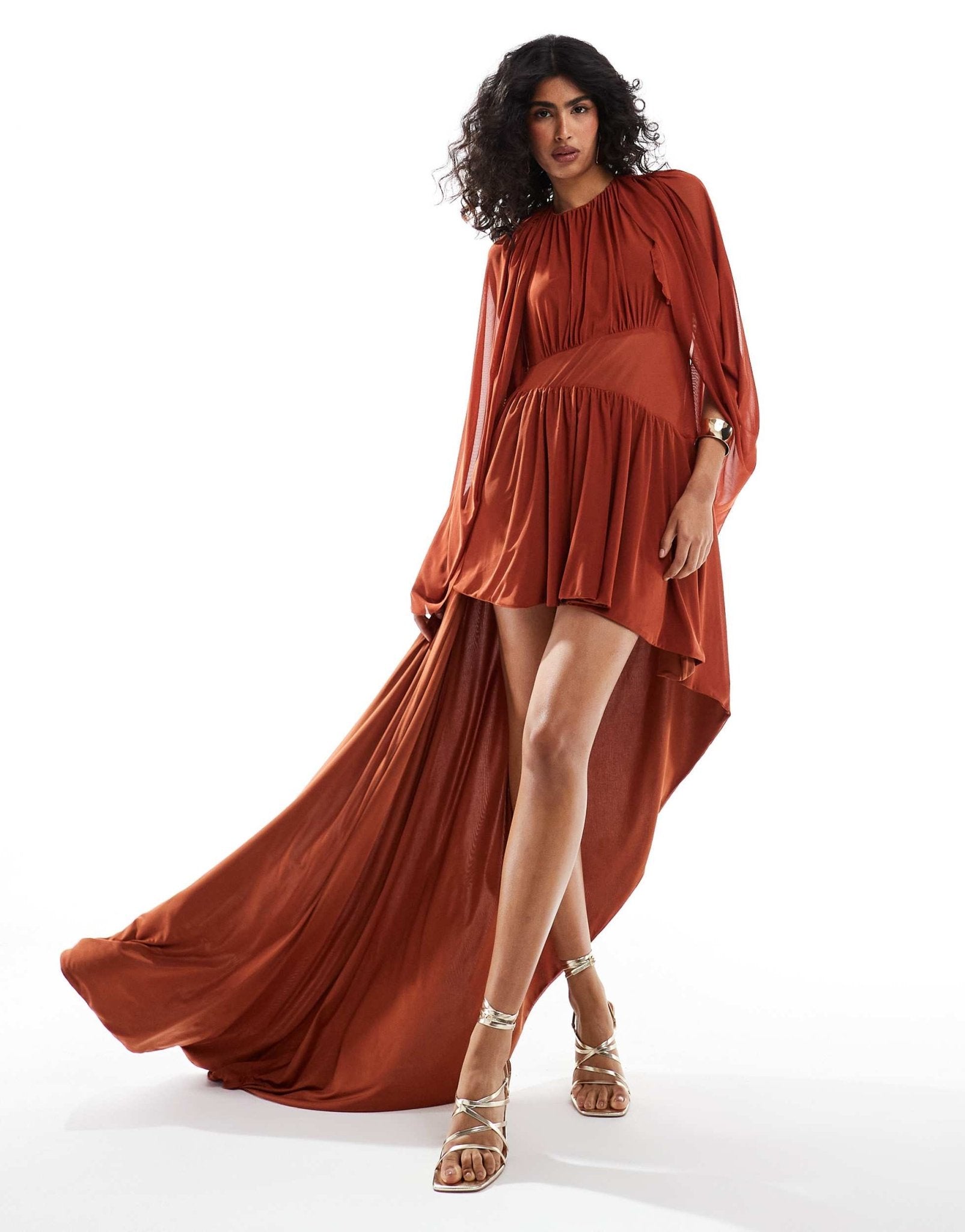 ASOS DESIGN mesh fabric mix mini dress with draped sleeves and asymmetric skirt in rust - ASOS Sample Sale