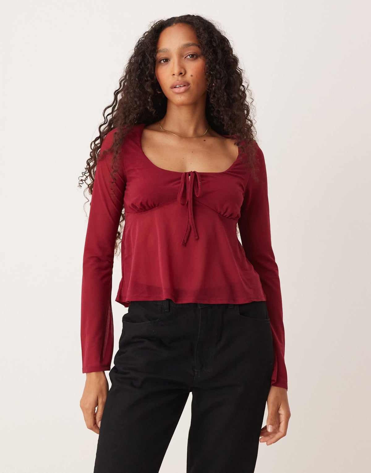 ASOS DESIGN mesh floaty flare sleeve top in burgundy - ASOS Sample Sale