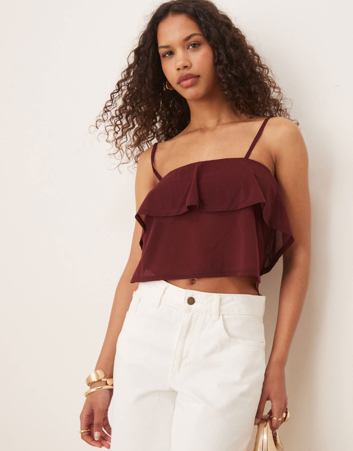 ASOS DESIGN mesh floaty strappy cami top in burgundy - ASOS Sample Sale