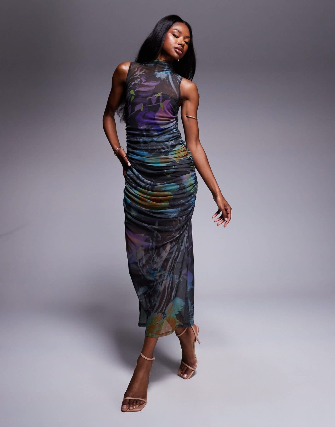 ASOS DESIGN mesh grown on neck ruched drape midi dress in abstract print - ASOS Sample Sale
