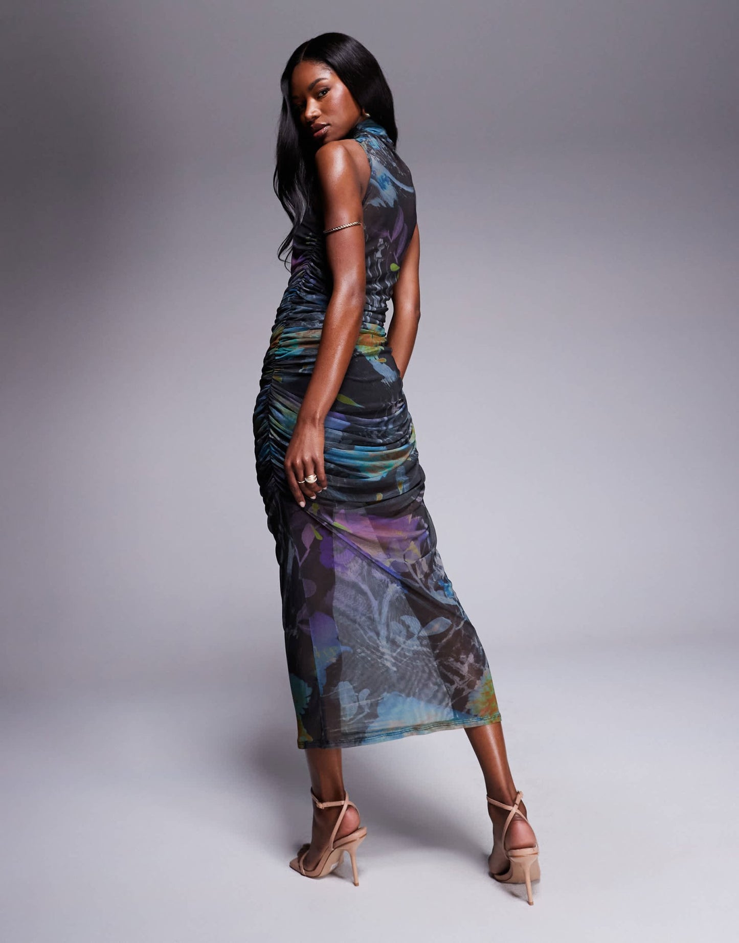 ASOS DESIGN mesh grown on neck ruched drape midi dress in abstract print - ASOS Sample Sale