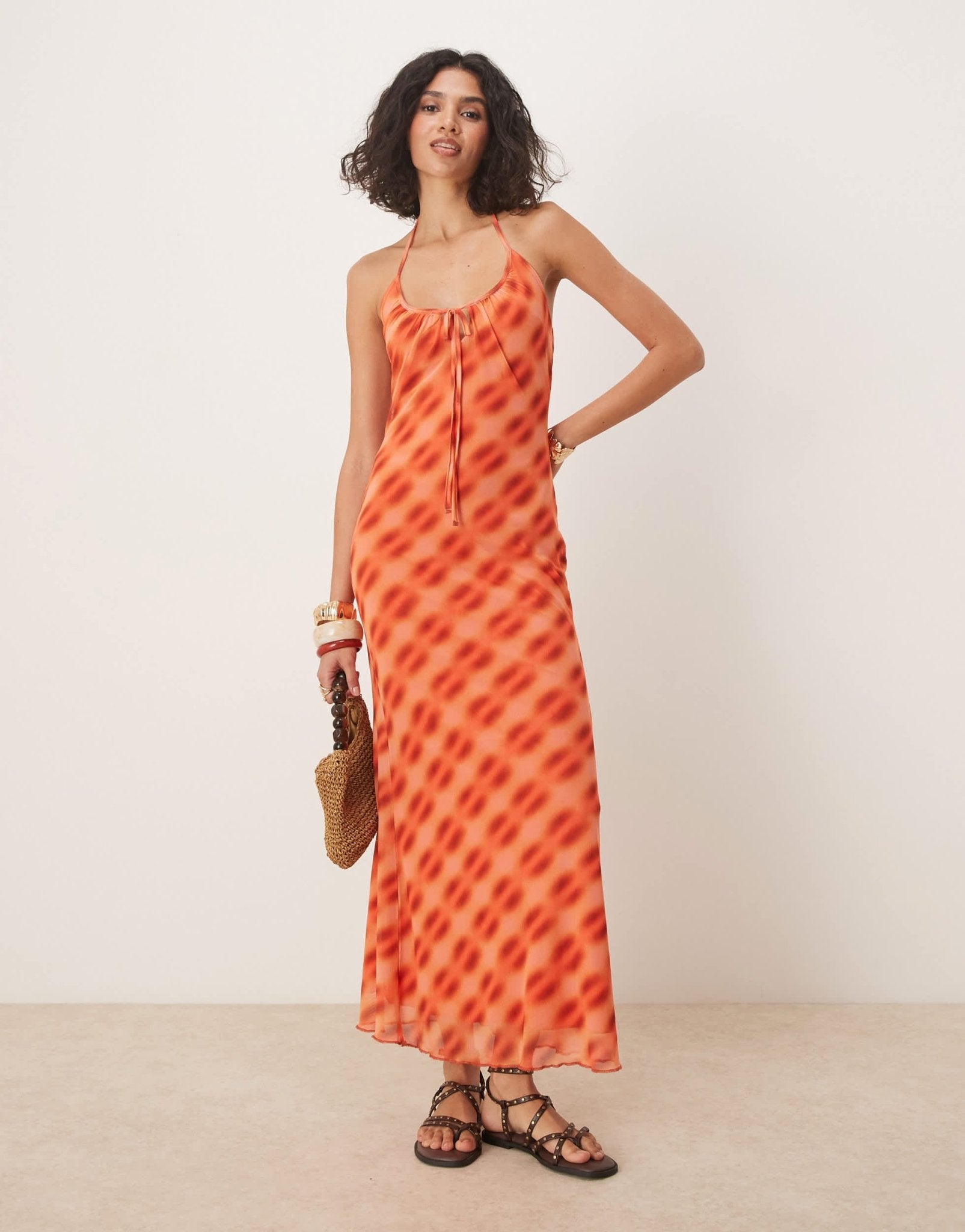 ASOS DESIGN mesh halter neck midi dress in orange check - ASOS Sample Sale