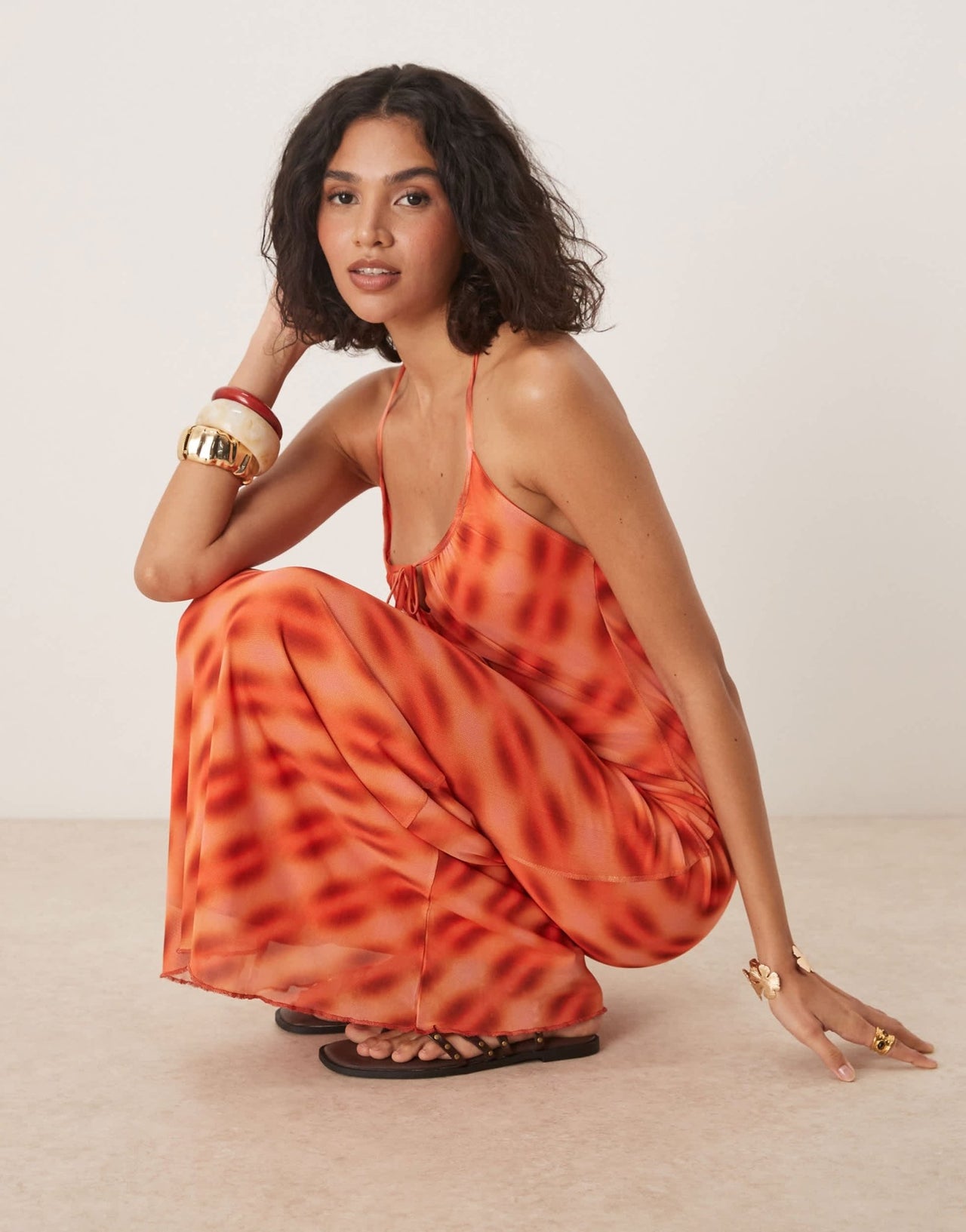 ASOS DESIGN mesh halter neck midi dress in orange check - ASOS Sample Sale