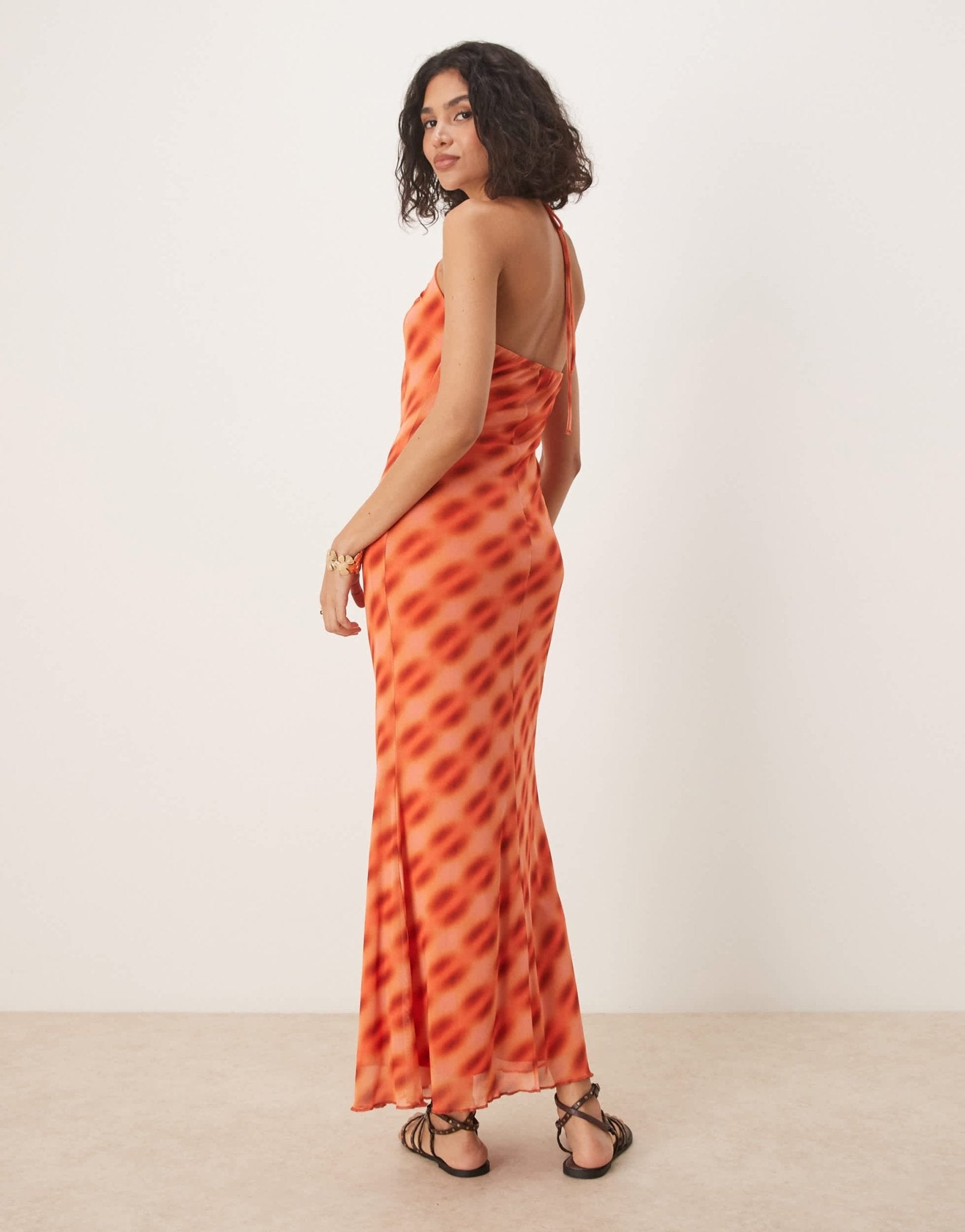 ASOS DESIGN mesh halter neck midi dress in orange check - ASOS Sample Sale