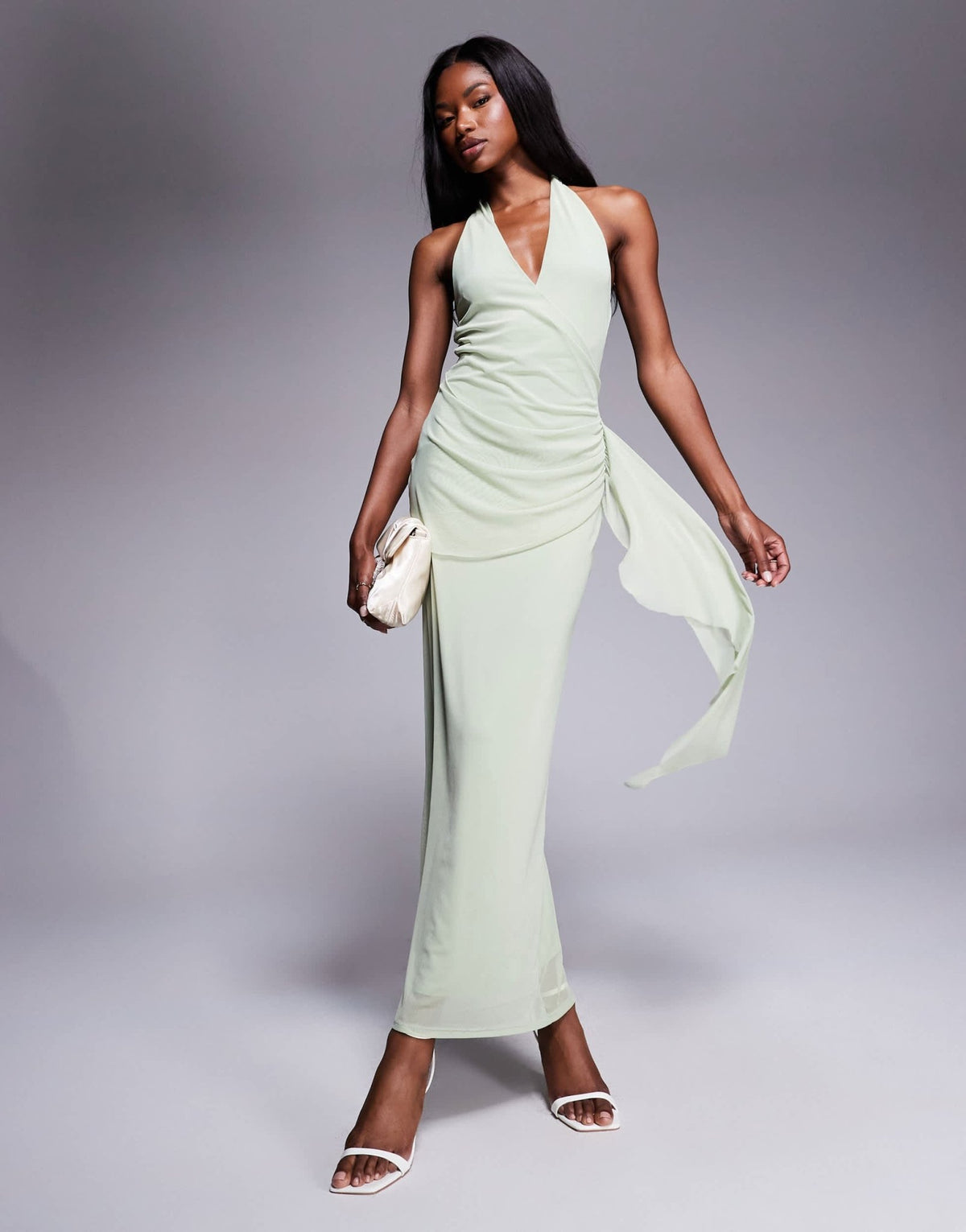 ASOS DESIGN mesh halterneck midi dress with sweeping sash skirt in sage green - ASOS Sample Sale