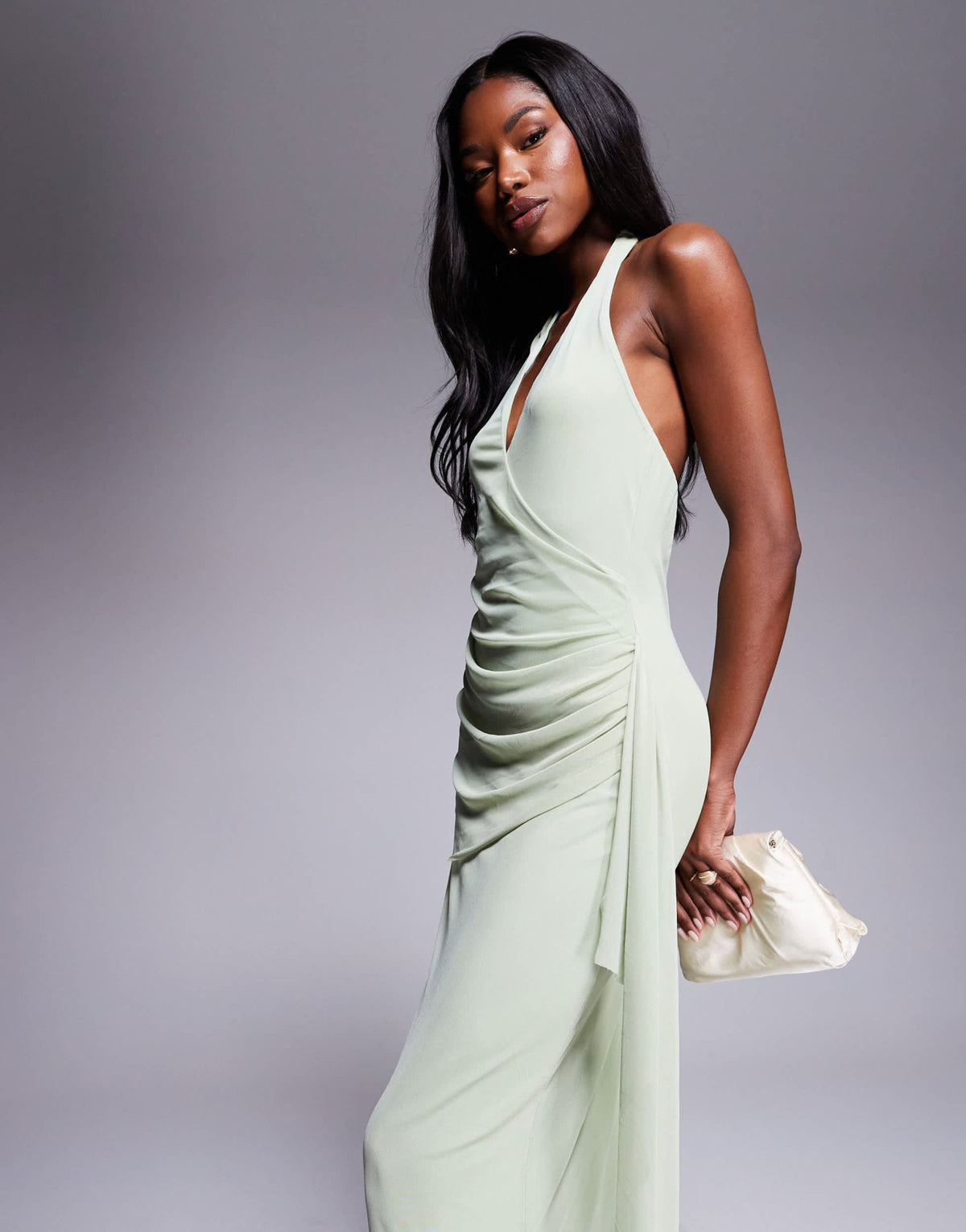 ASOS DESIGN mesh halterneck midi dress with sweeping sash skirt in sage green - ASOS Sample Sale