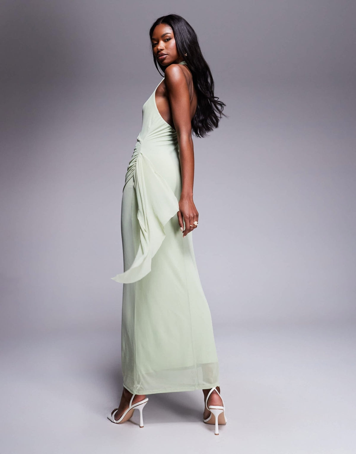 ASOS DESIGN mesh halterneck midi dress with sweeping sash skirt in sage green - ASOS Sample Sale