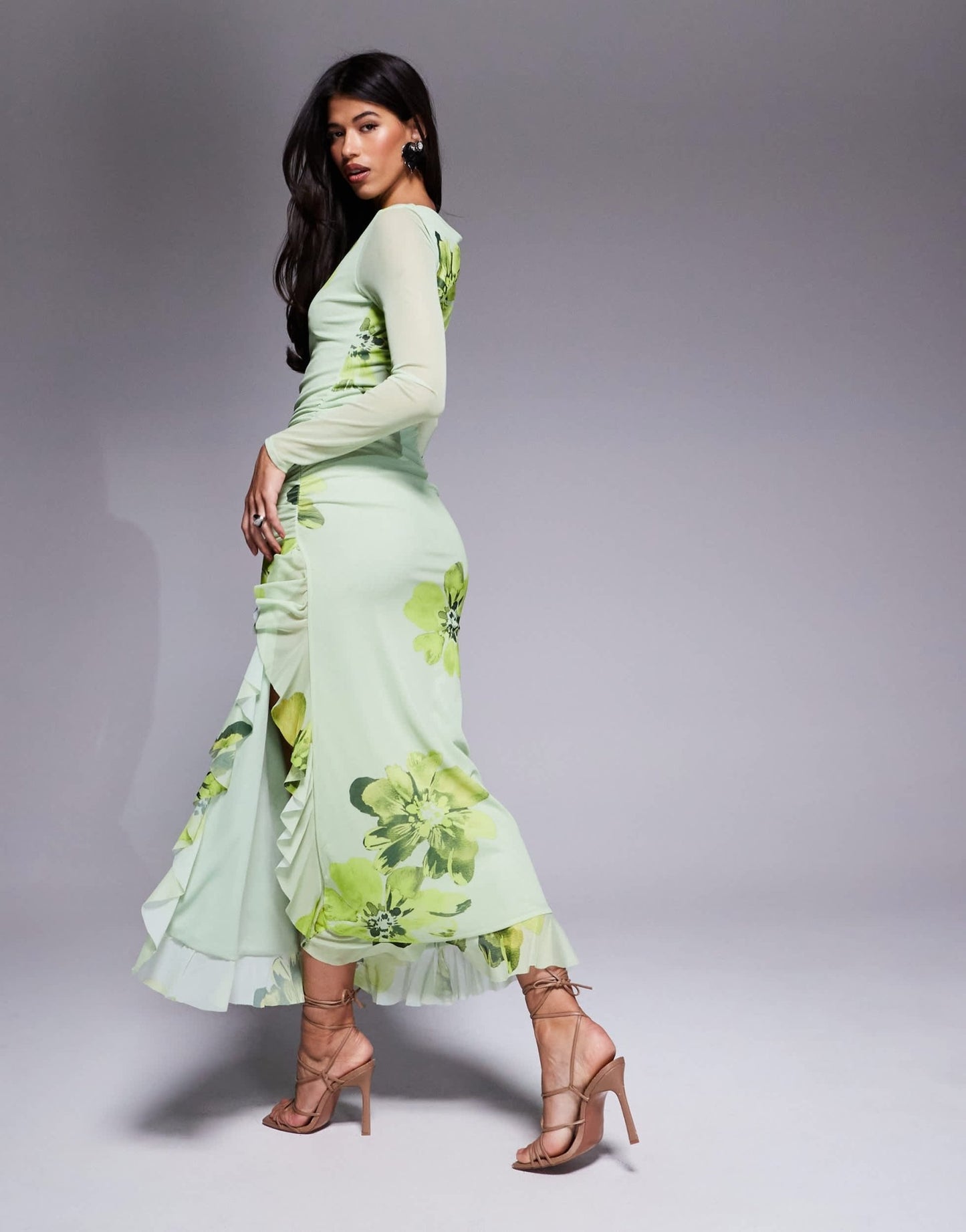 ASOS DESIGN mesh long sleeve frill detail a line maxi dress in green floral print - ASOS Sample Sale