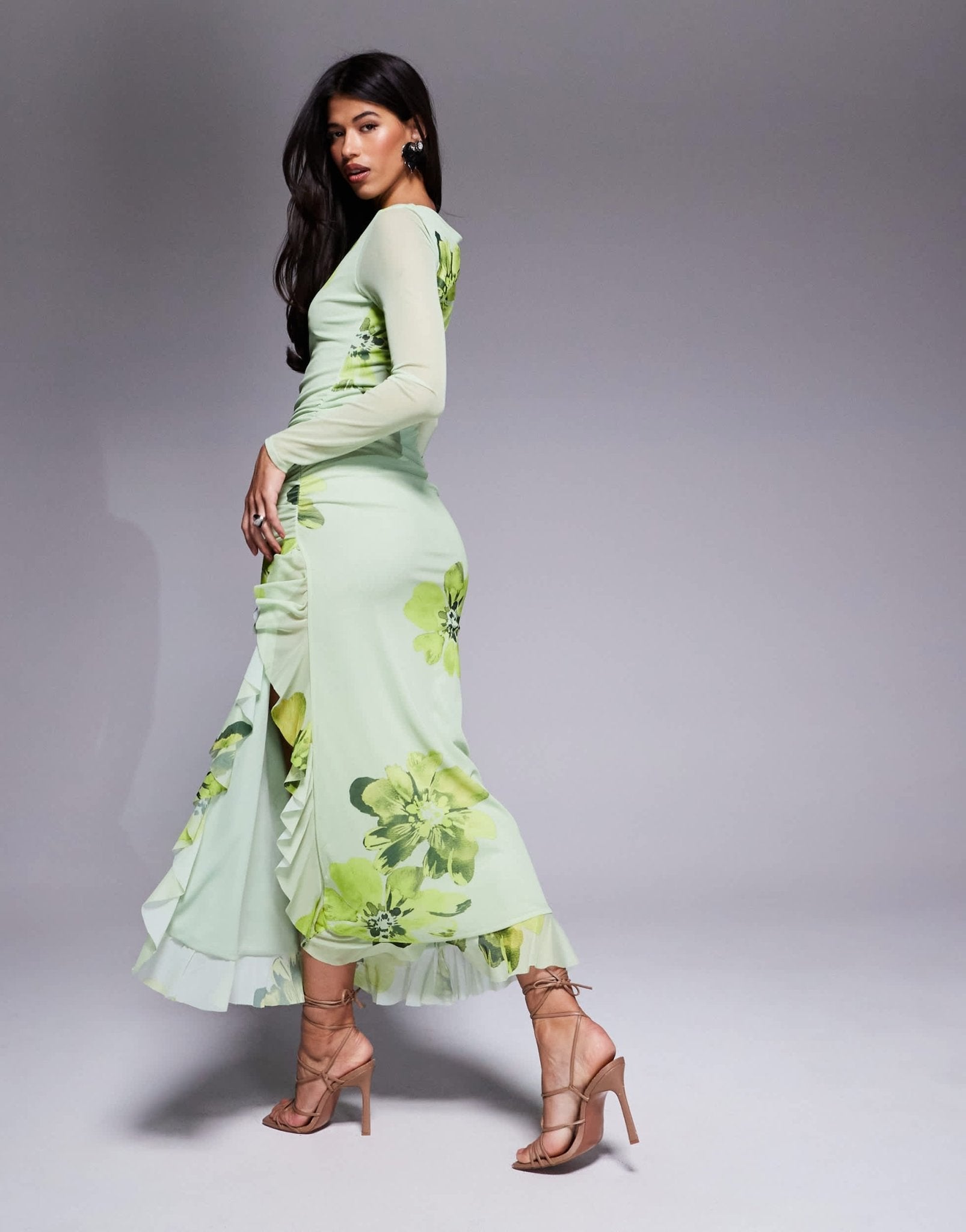 ASOS DESIGN mesh long sleeve frill detail a line maxi dress in green floral print - ASOS Sample Sale