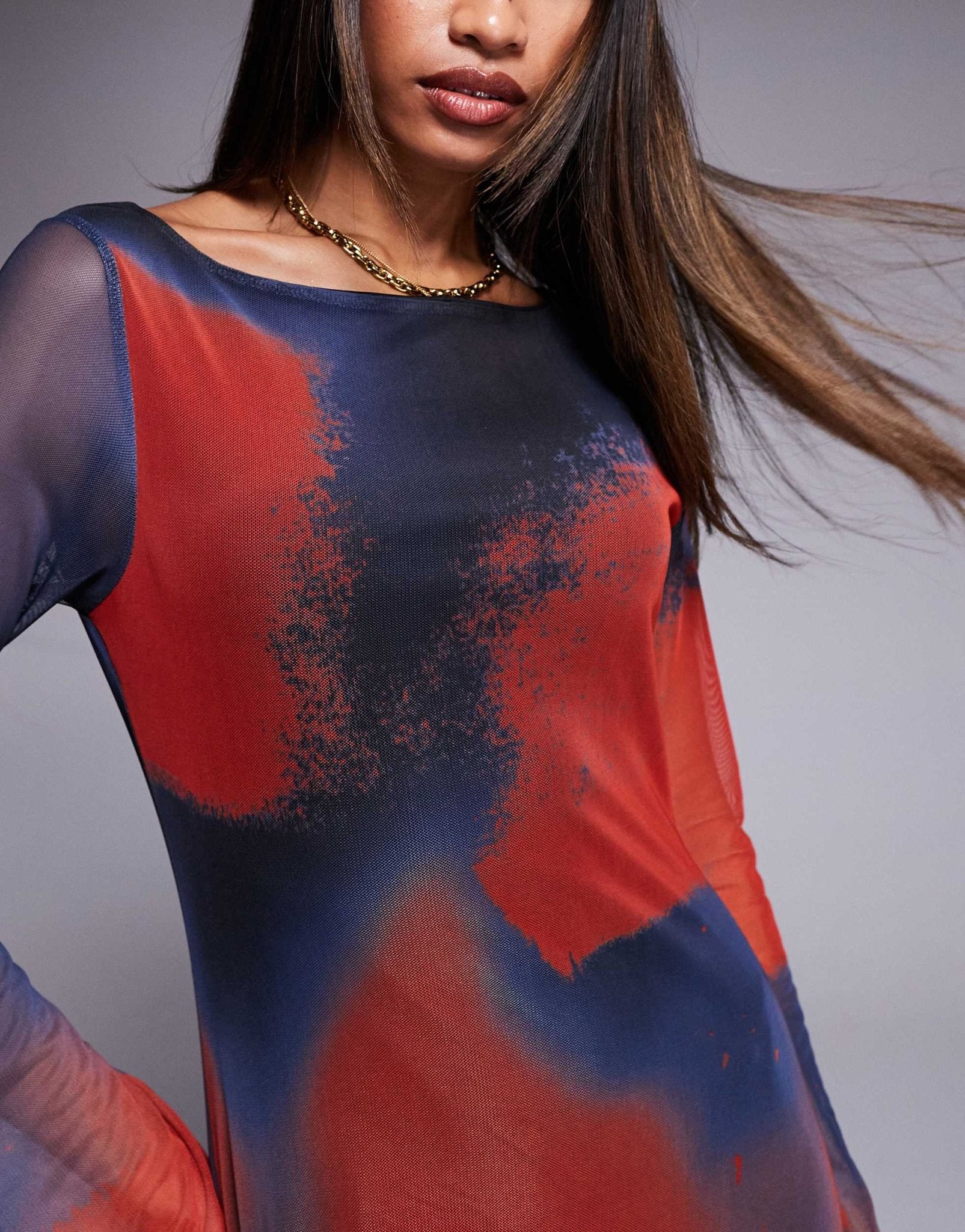 ASOS DESIGN mesh long sleeve high slash neck maxi dress in blurred print - MULTI - ASOS Sample Sale