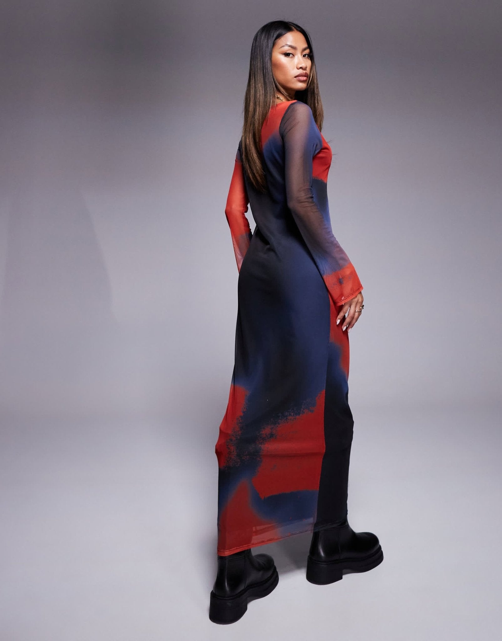 ASOS DESIGN mesh long sleeve high slash neck maxi dress in blurred print - MULTI - ASOS Sample Sale