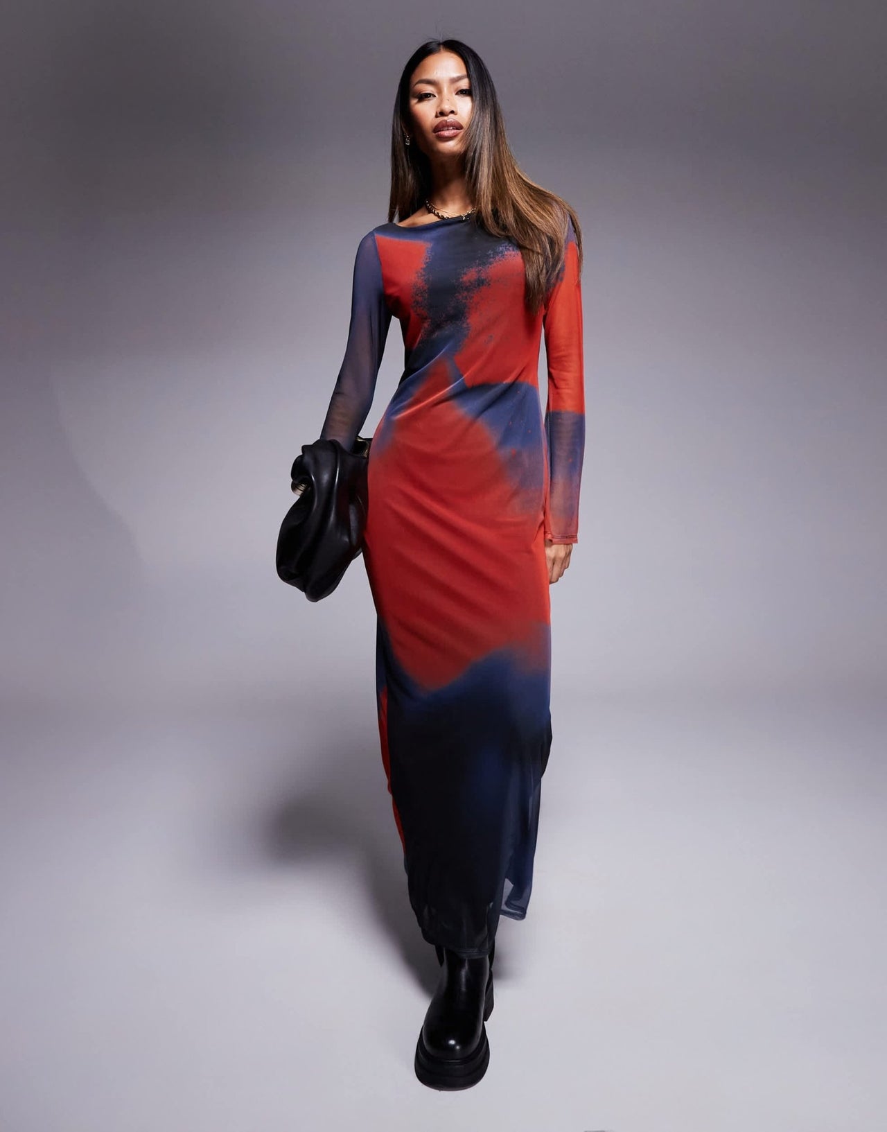ASOS DESIGN mesh long sleeve high slash neck maxi dress in blurred print - MULTI - ASOS Sample Sale