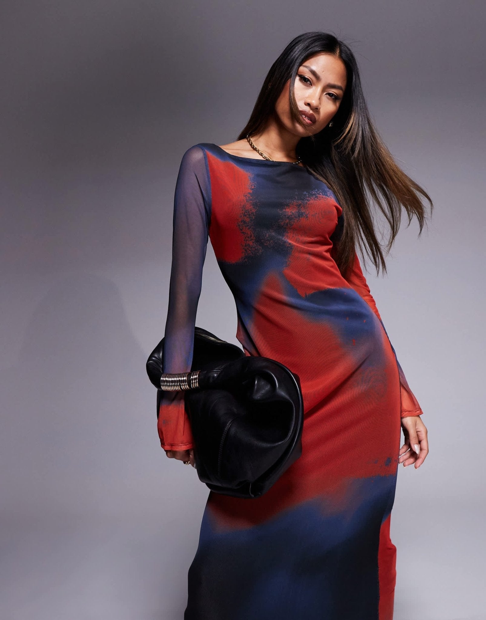 ASOS DESIGN mesh long sleeve high slash neck maxi dress in blurred print - MULTI - ASOS Sample Sale