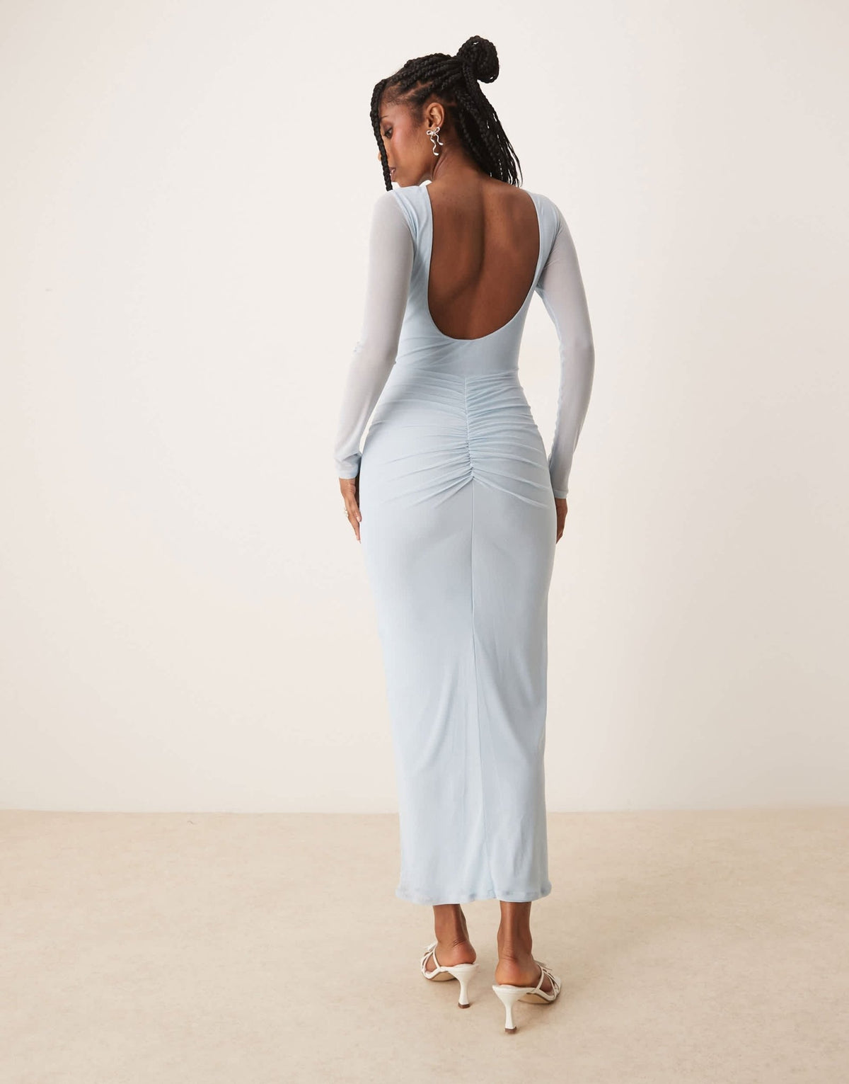ASOS DESIGN mesh long sleeve slash neck open back maxi dress with sash in baby blue - ASOS Sample Sale