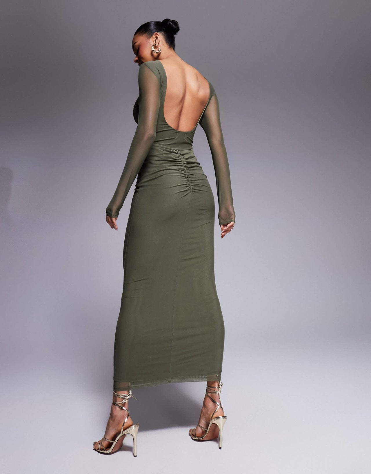 ASOS DESIGN mesh long sleeve slash neck open back maxi dress with sash in khaki - ASOS Sample Sale