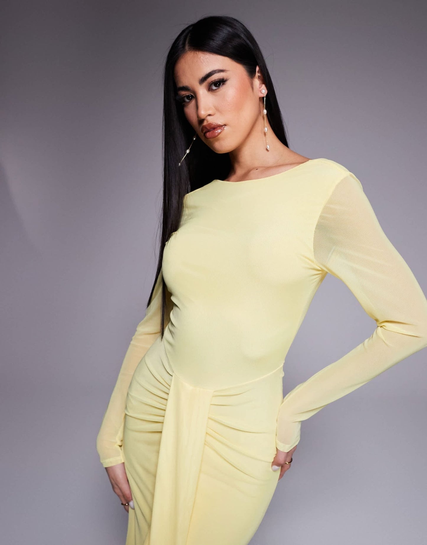 ASOS DESIGN mesh long sleeve slash neck open back maxi dress with sash in pastel yellow - ASOS Sample Sale