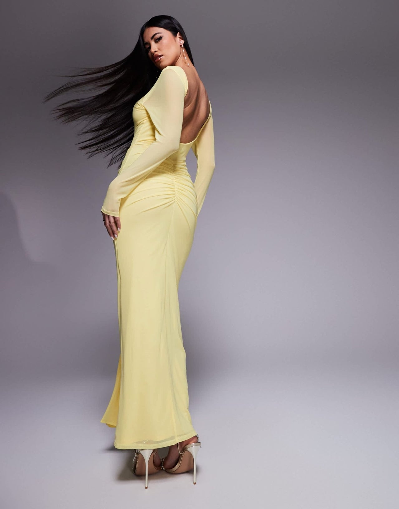 ASOS DESIGN mesh long sleeve slash neck open back maxi dress with sash in pastel yellow - ASOS Sample Sale