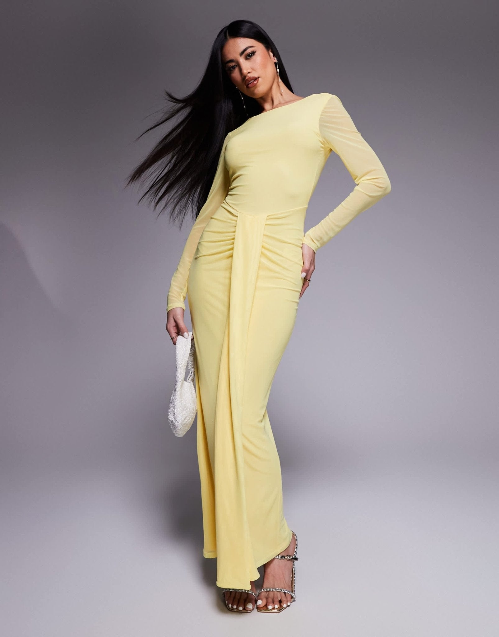 ASOS DESIGN mesh long sleeve slash neck open back maxi dress with sash in pastel yellow - ASOS Sample Sale