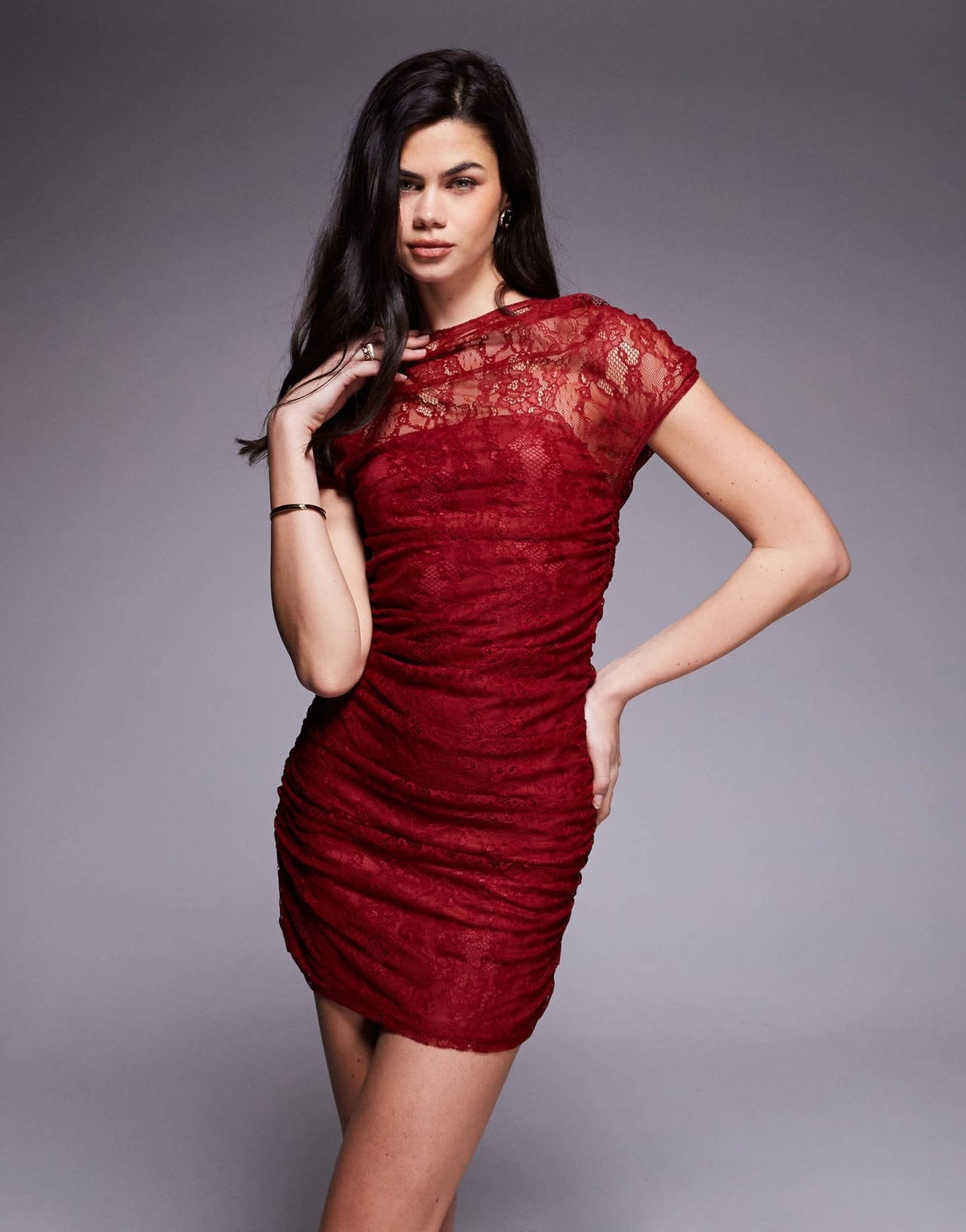 ASOS DESIGN mesh mini dress with lace ruching in cherry - ASOS Sample Sale