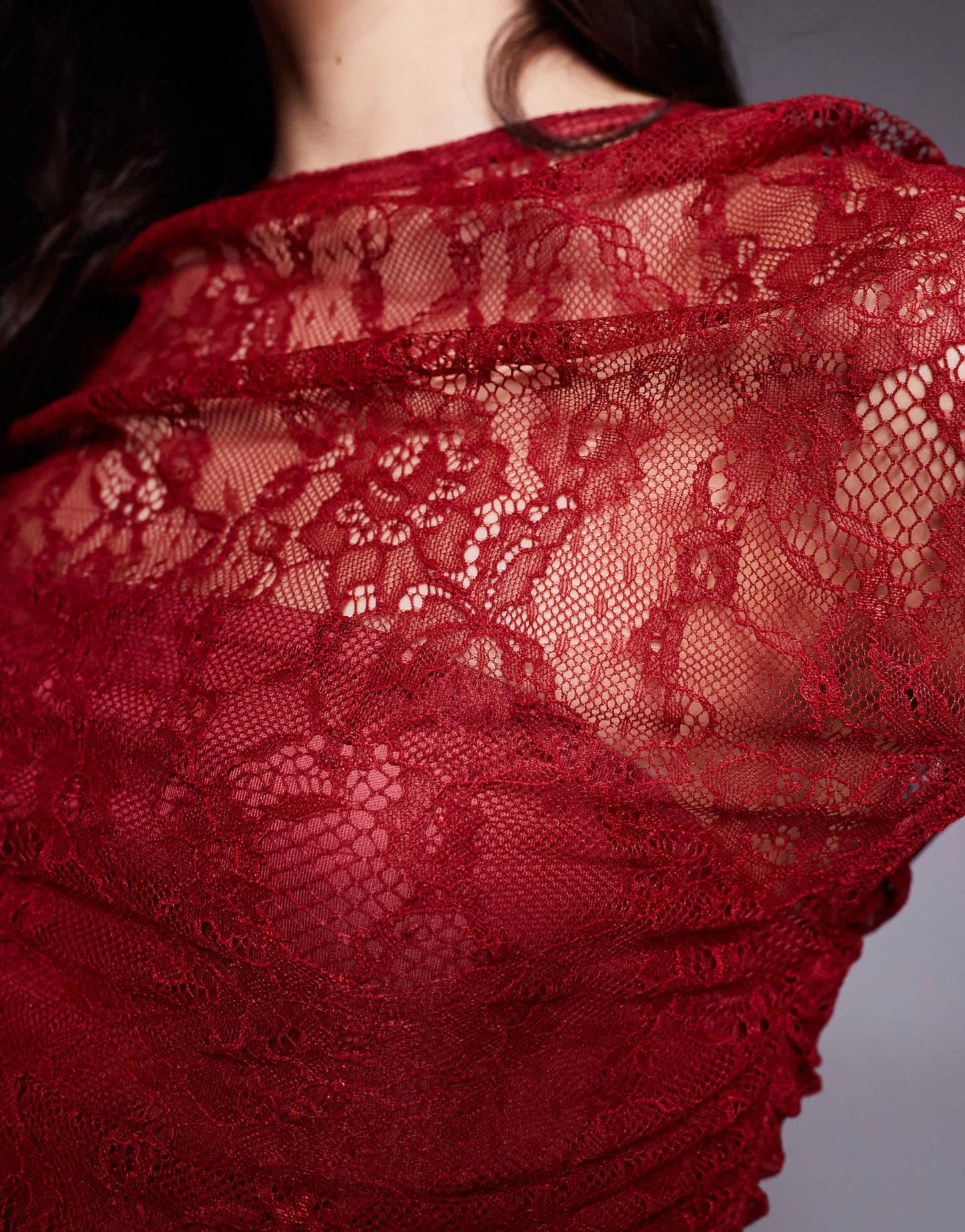 ASOS DESIGN mesh mini dress with lace ruching in cherry - ASOS Sample Sale