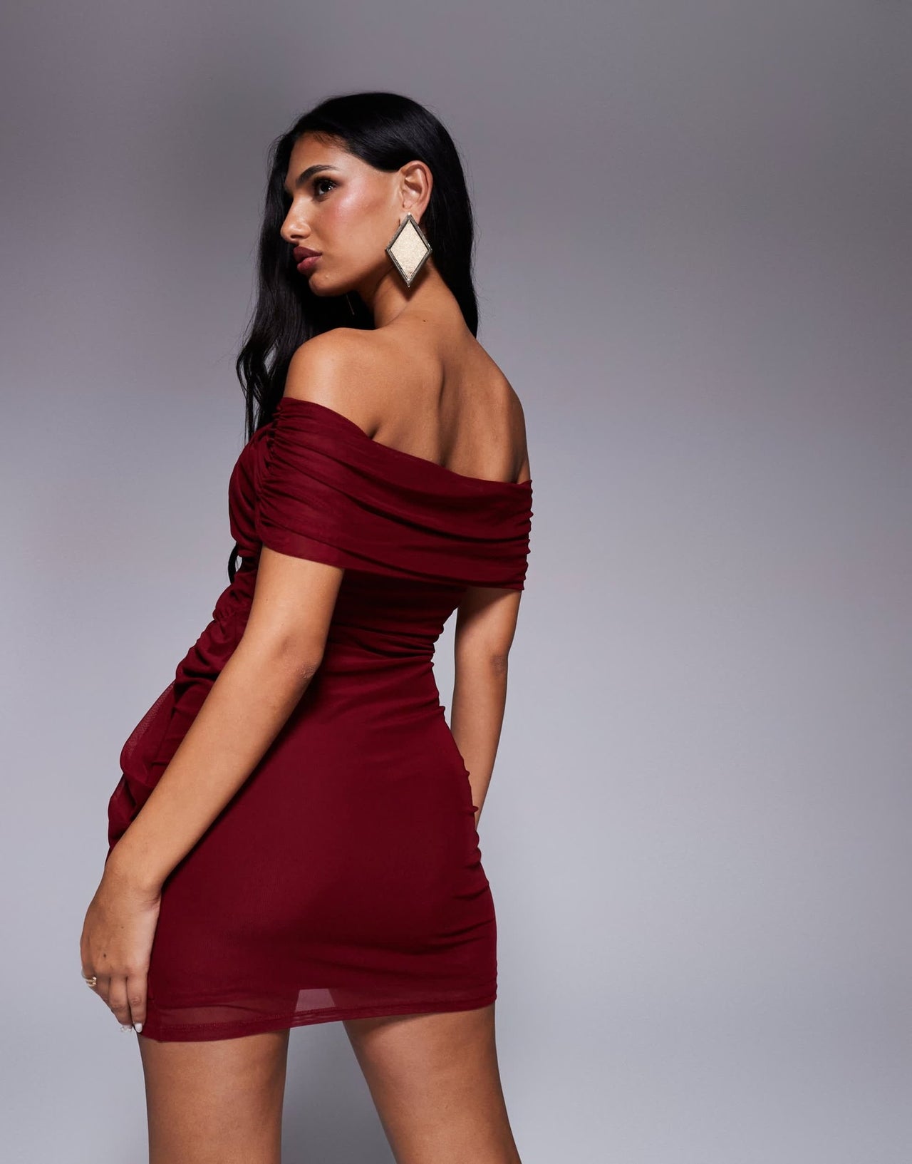 ASOS DESIGN mesh mix bardot draped mini dress in burgundy - ASOS Sample Sale