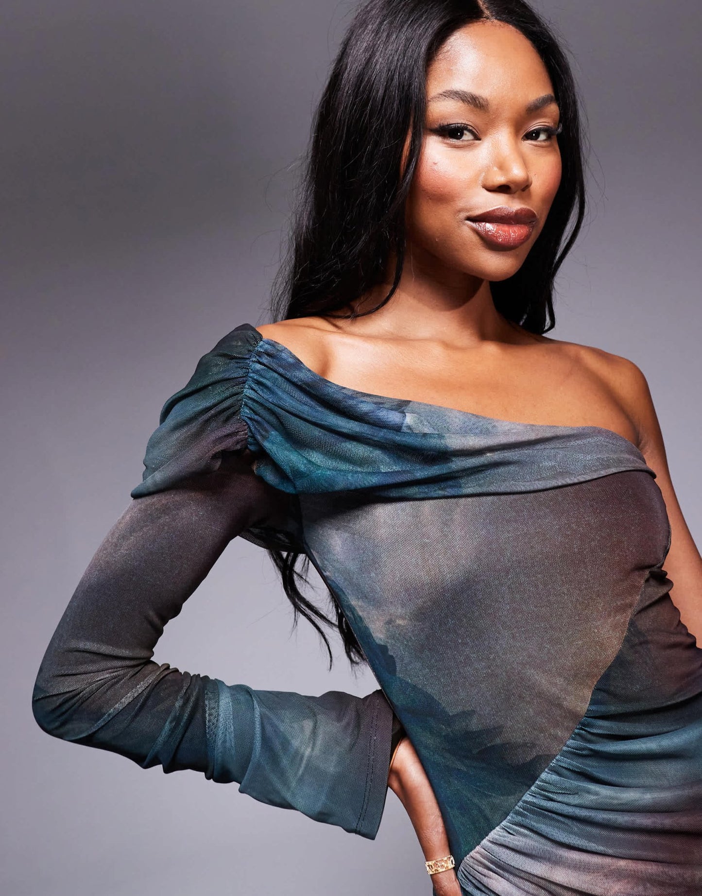 ASOS DESIGN mesh one sleeve mini sleeve with cowl neck in abstract blue print - ASOS Sample Sale
