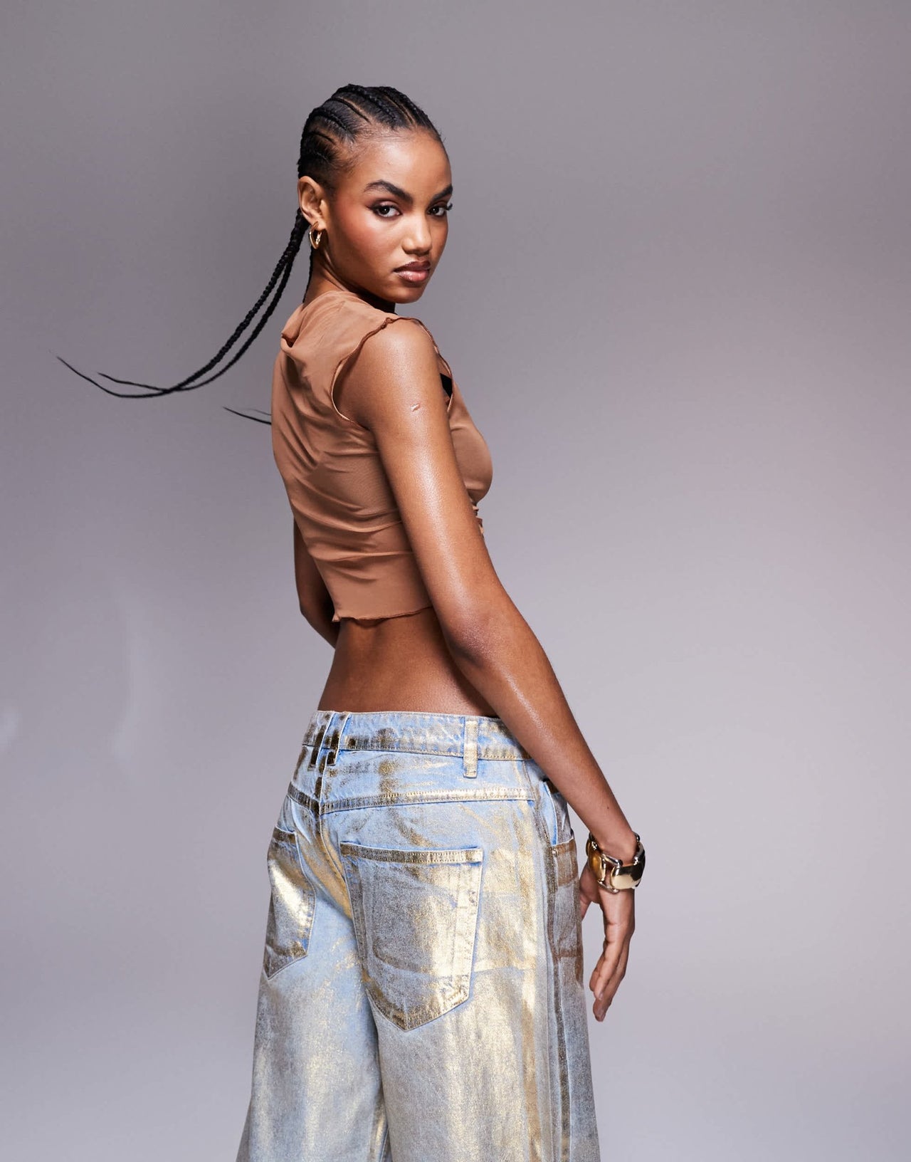 ASOS DESIGN mesh overlay top with bralet detail in caramel - ASOS Sample Sale